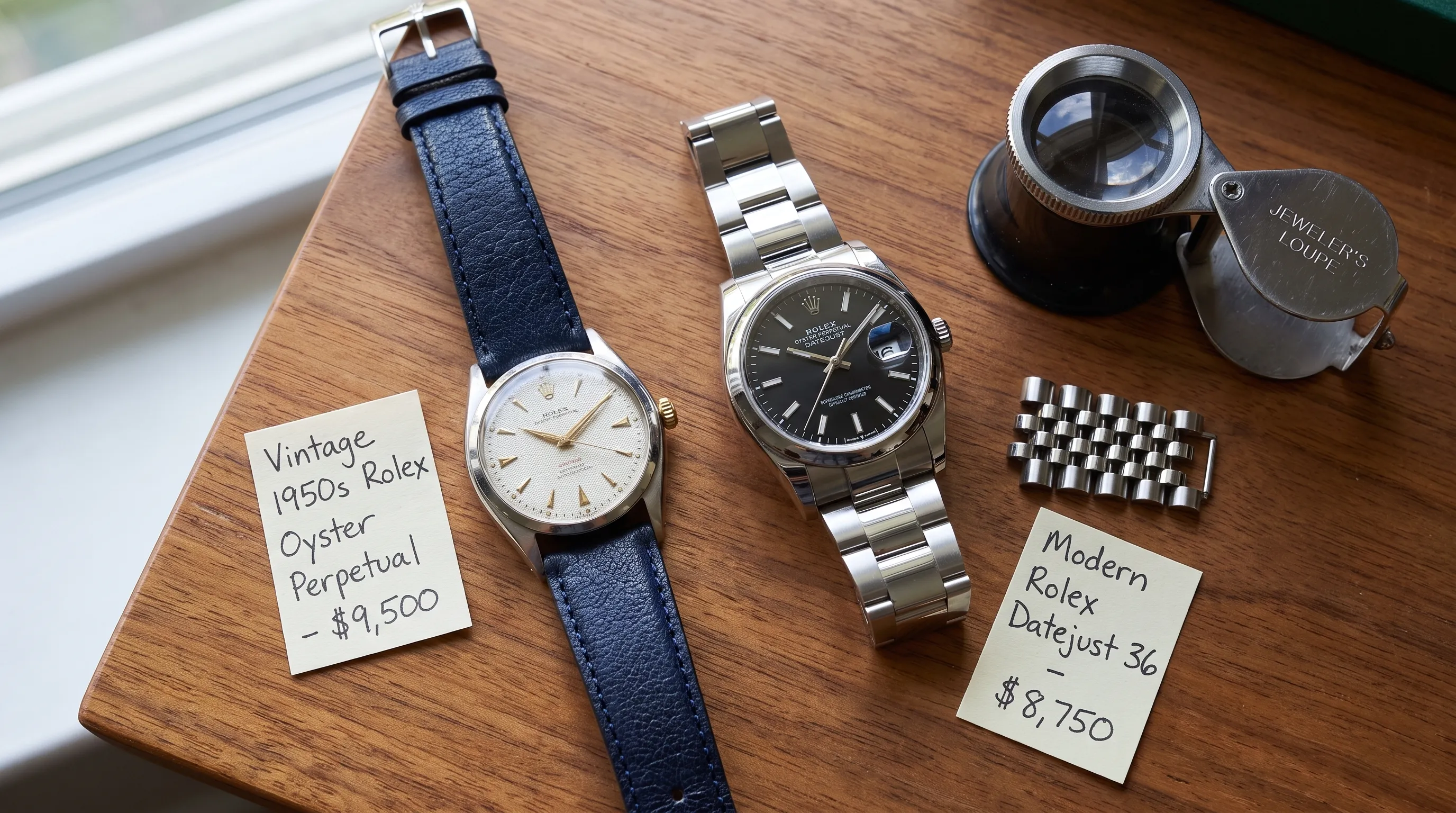Two stainless steel Rolex watches beside a loupe and spare bracelet links for a price comparison.