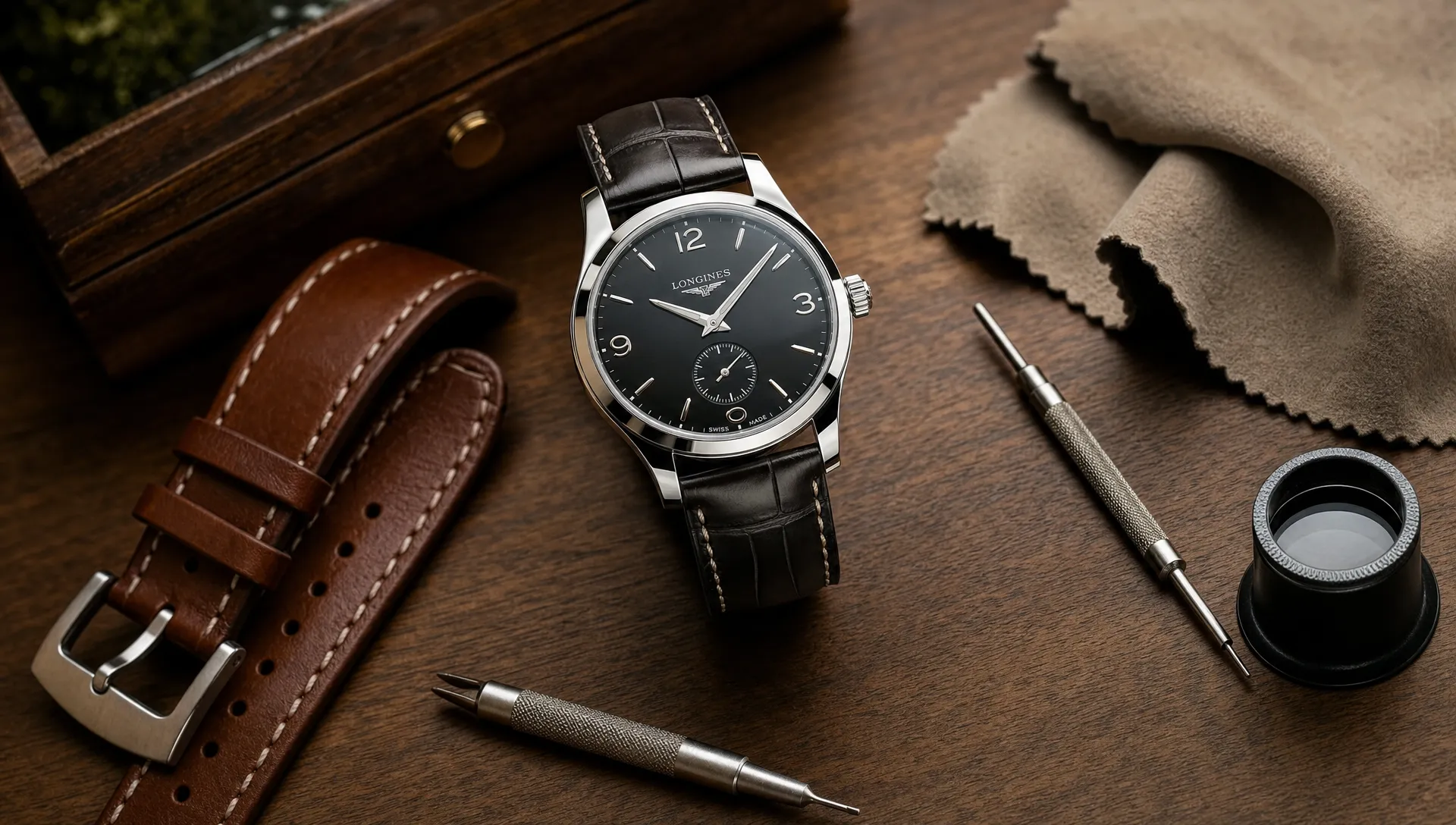 A refined luxury wrist watch resting beside a leather strap, watchmaker tools, and a soft polishing cloth on a wooden table, emphasizing durable materials and long-term care.