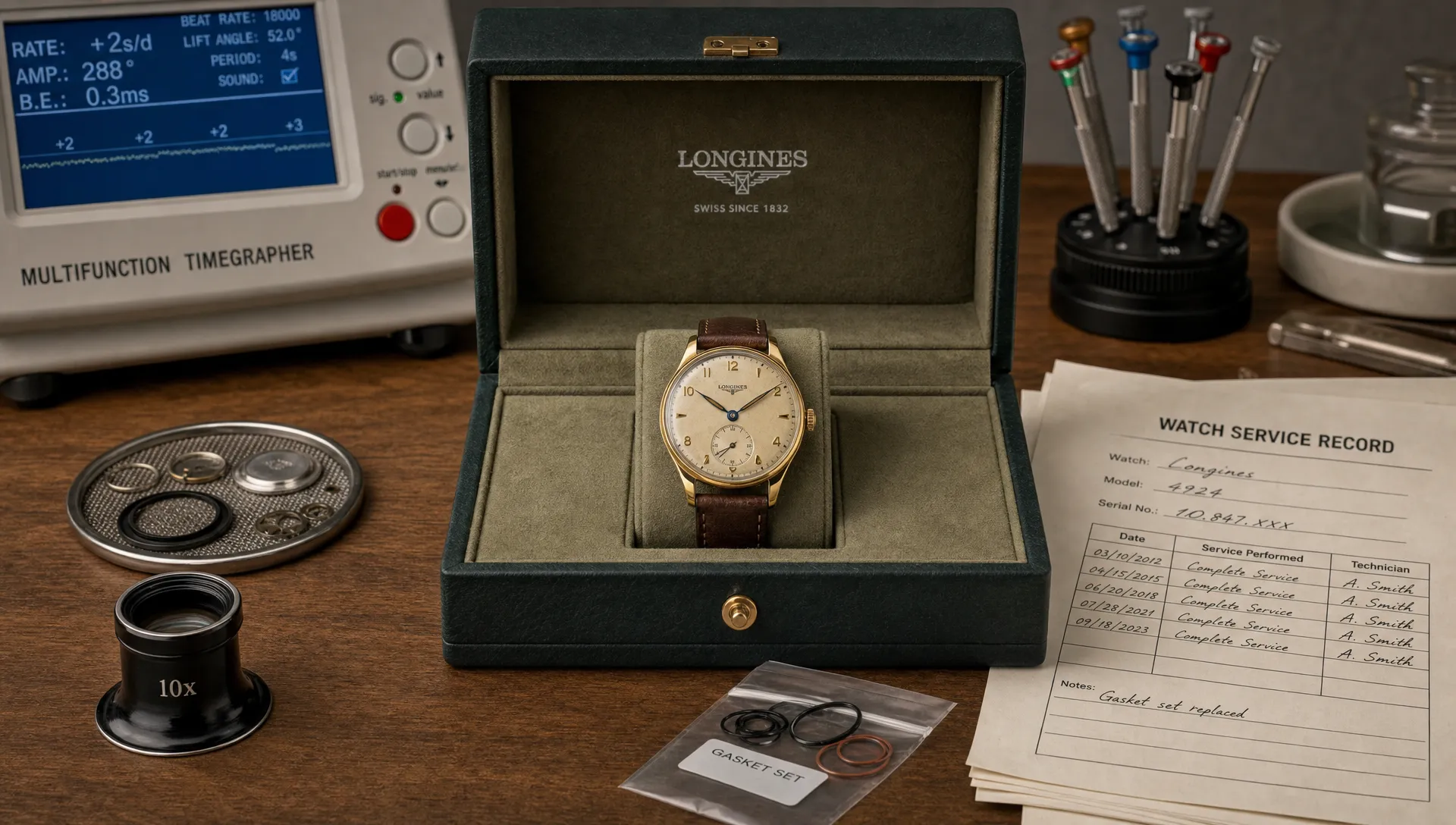 A single vintage-inspired luxury wrist watch displayed in an open watch service case, surrounded by a loupe, timing machine, spare gaskets, and neatly arranged service records, with a clean workshop background that suggests longevity, maintenance, and careful ownership.