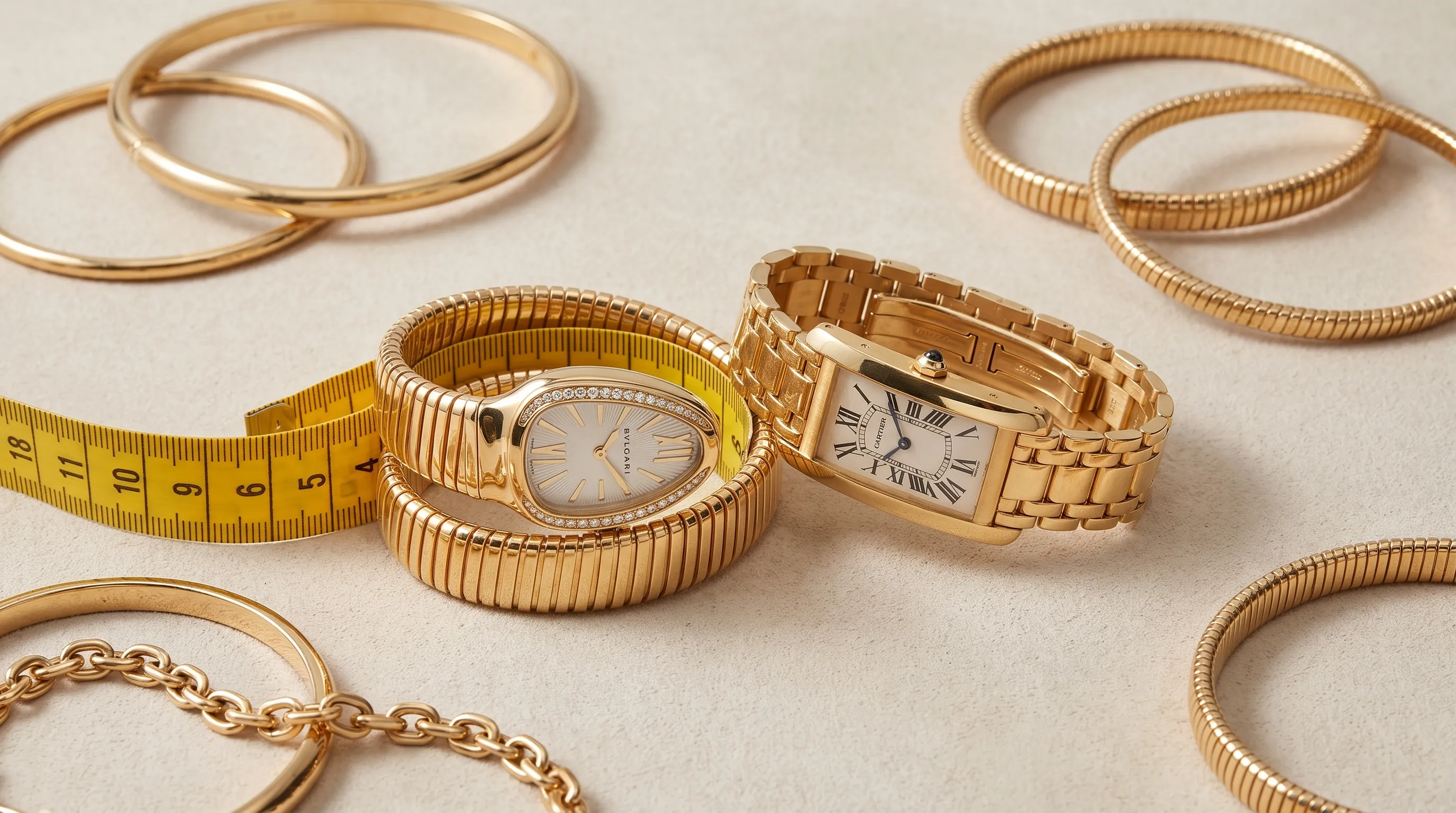 A Serpenti-style jewelry watch resting beside a measuring tape and several bracelets on a neutral surface, showing how bracelet shape and wrist measurement affect fit.
