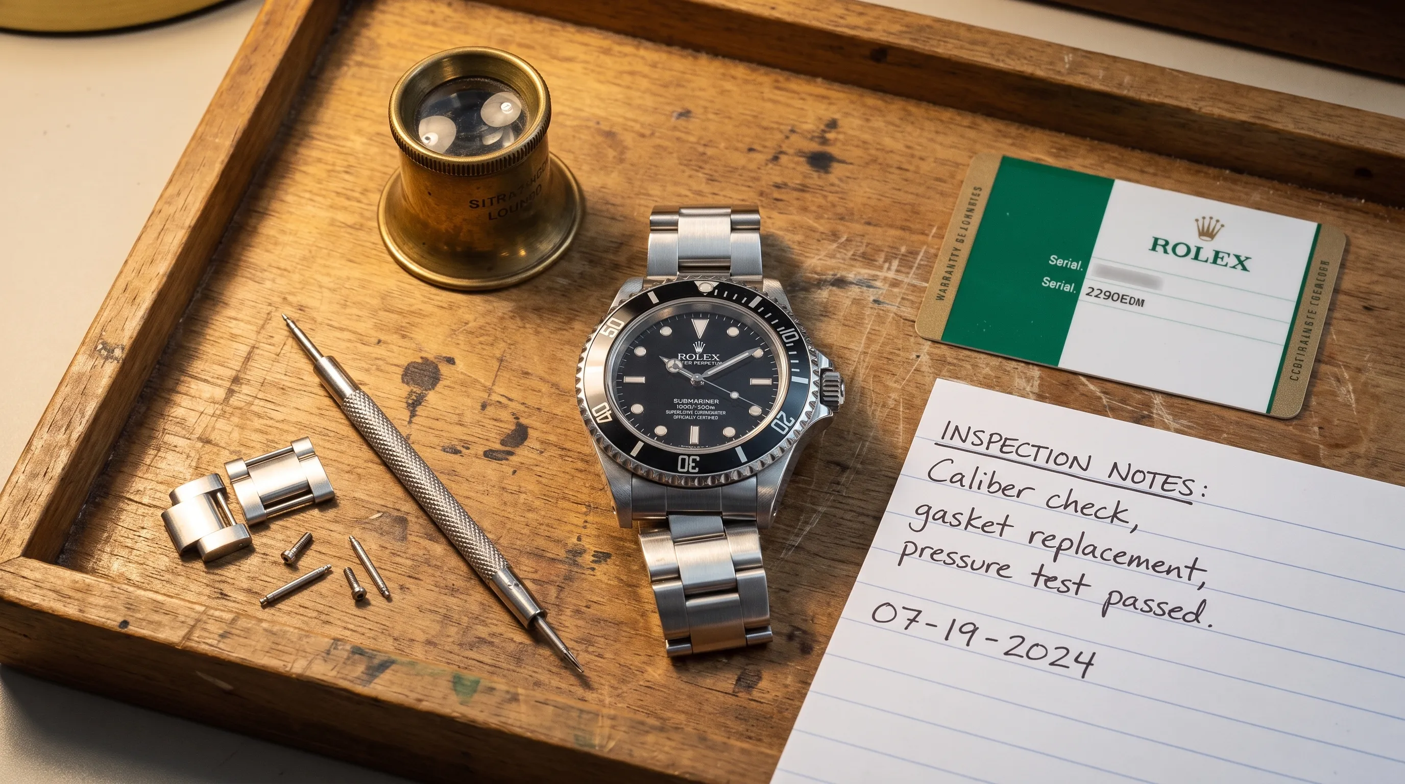 A close view of a stainless steel watch on a watchmaker tray, with a loupe, spring bar tool, bracelet links, warranty card, and inspection notes arranged neatly beside it.