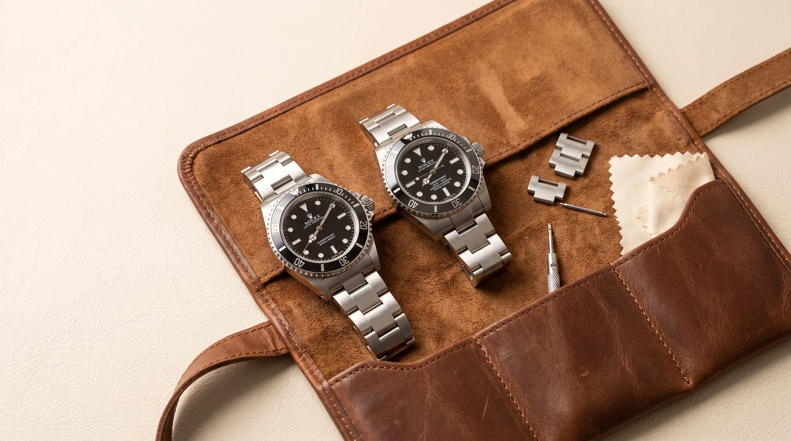 Two luxury dive watches partially nestled in an open leather travel roll on a cream-toned surface, shot from a slight overhead angle with one watch face turned toward the camera and extra bracelet links placed beside the roll. The composition feels organized and collectible, with the roll, straps, and small accessories creating a calm horizontal spread across the frame and empty space in the top-left.