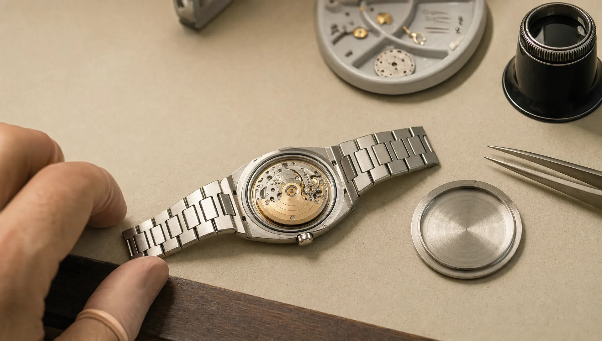 An open Vacheron Constantin 222 rests on a watchmaker’s bench beside a loupe and tweezers.