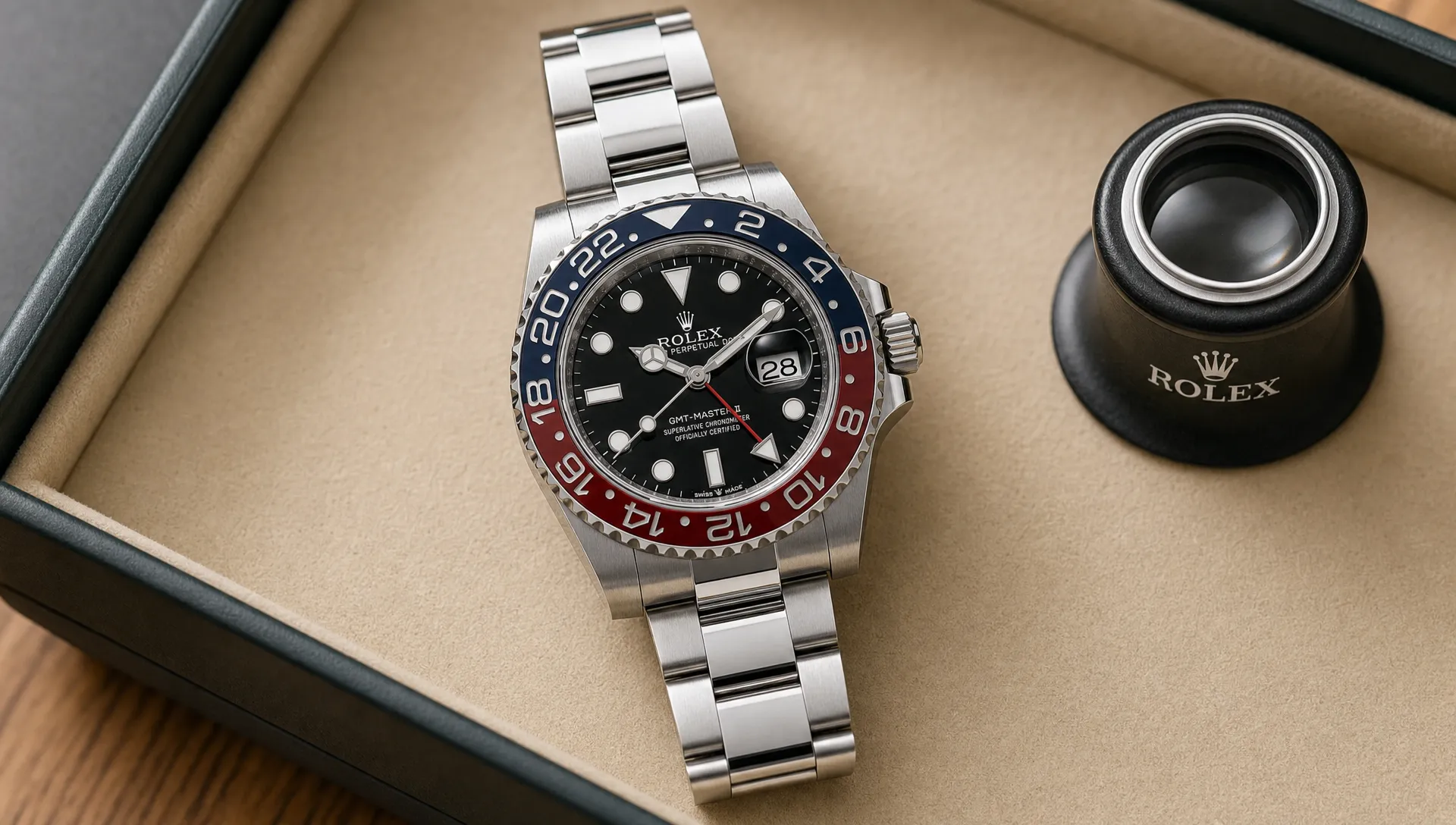 A Rolex GMT-Master II rests on a watch tray with a two-tone bezel, steel bracelet links, crown guards, and a loupe nearby.