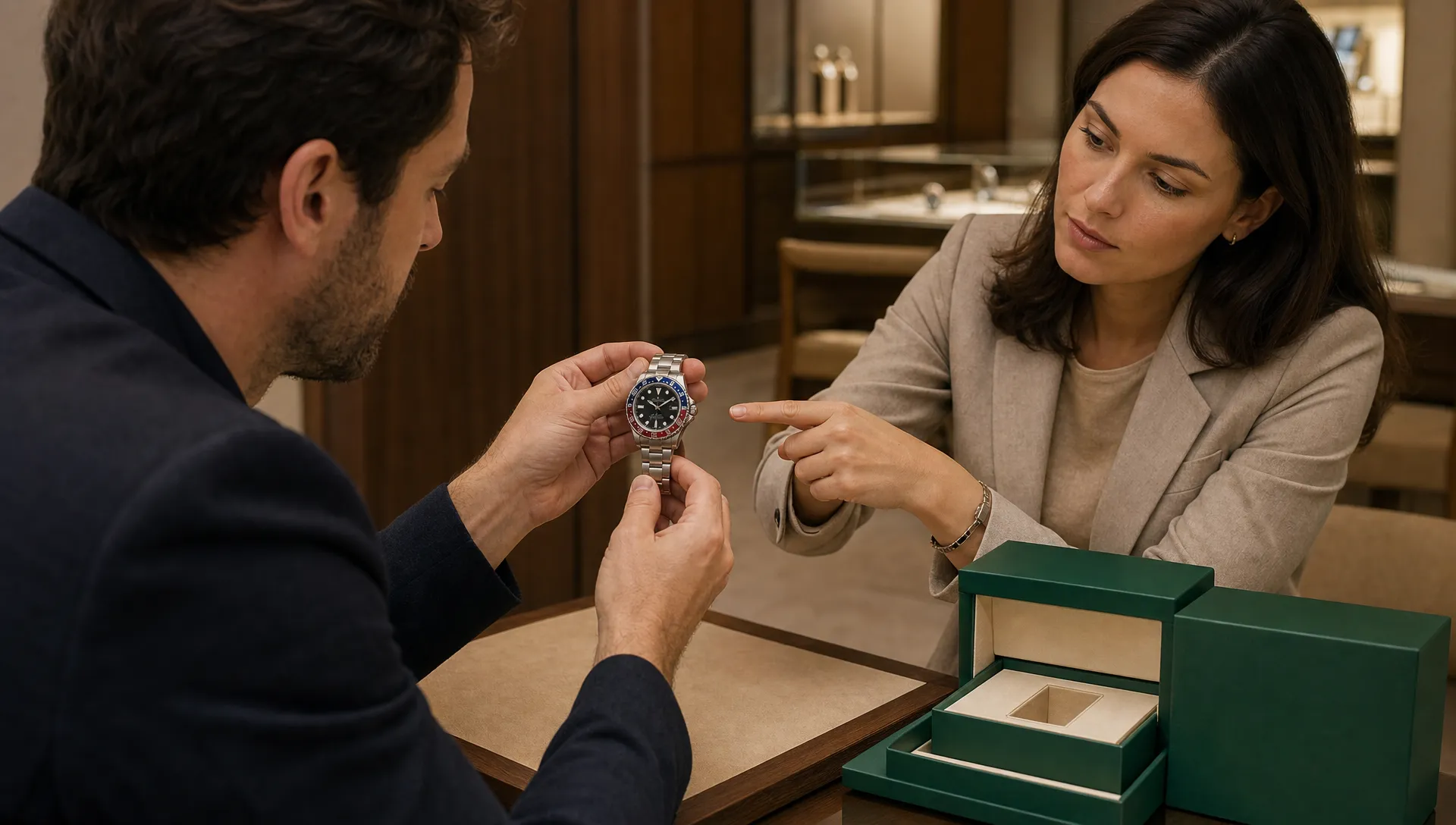 Two adults compare a Rolex GMT-Master II and its box set at a consultation table.