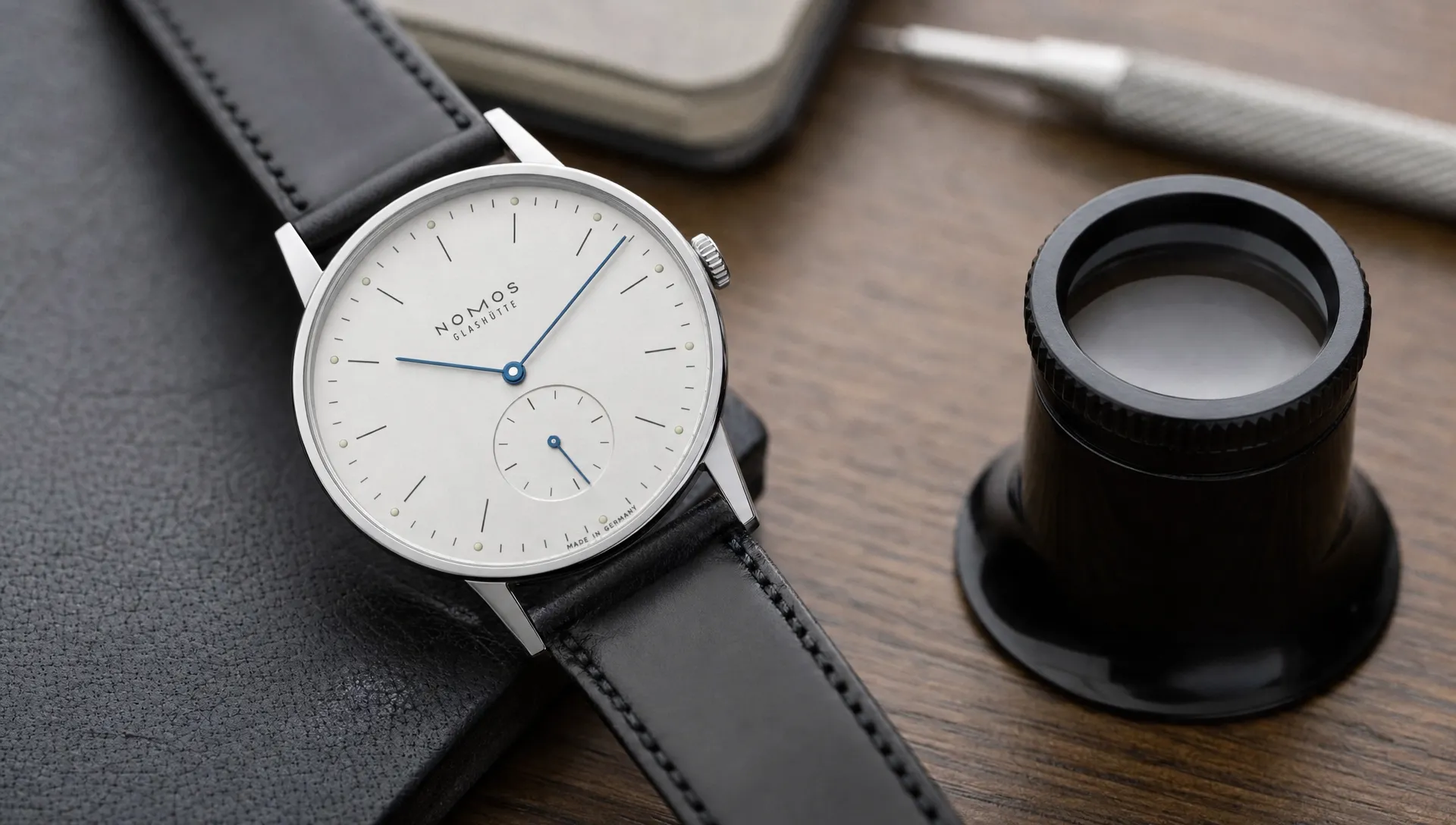 A minimalist Nomos-style wristwatch with a slim round steel case, small seconds subdial and leather strap rests beside a watchmaker's loupe on a desk.