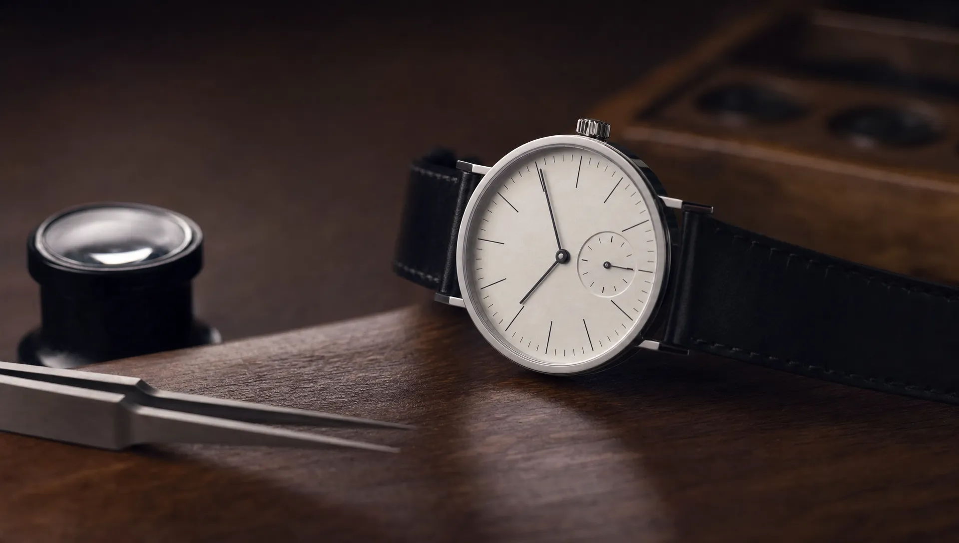 A Nomos-style dress watch rests on a watchmaker's bench beside a loupe and tweezers, highlighting its slim case and Bauhaus design.
