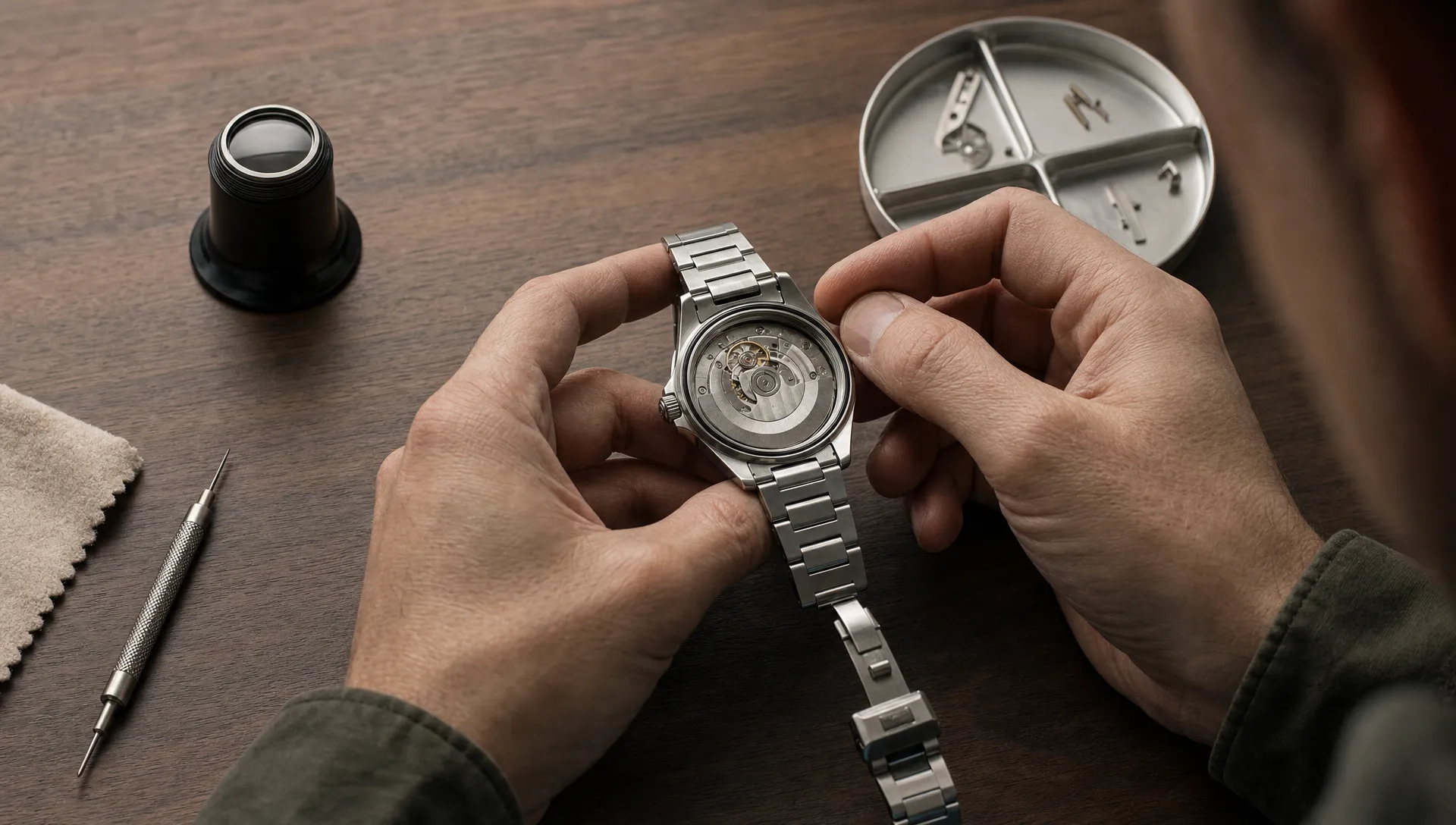 Hands inspect an open Longines Conquest beside a loupe and tools on a watchmaker’s bench.