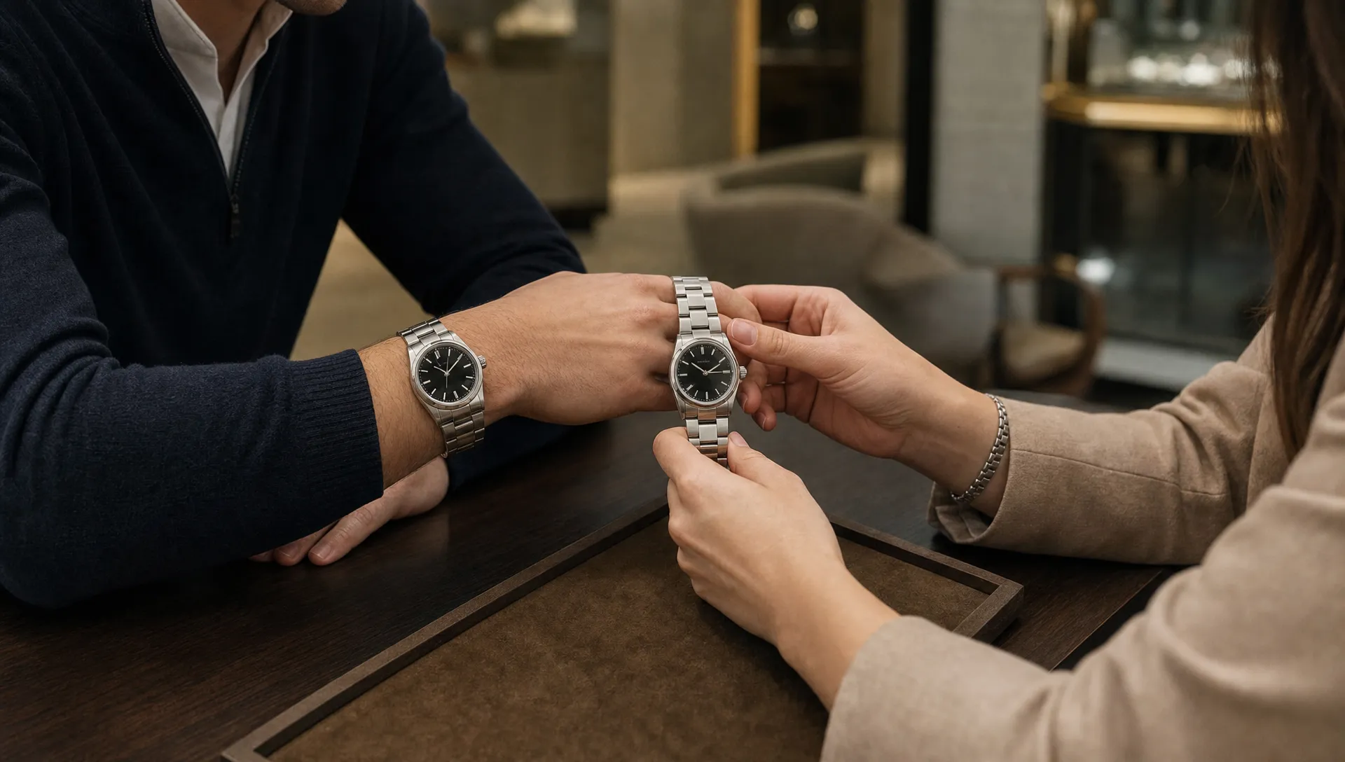 Two adults compare Rolex sizes at a table while checking bracelet fit and case proportions.