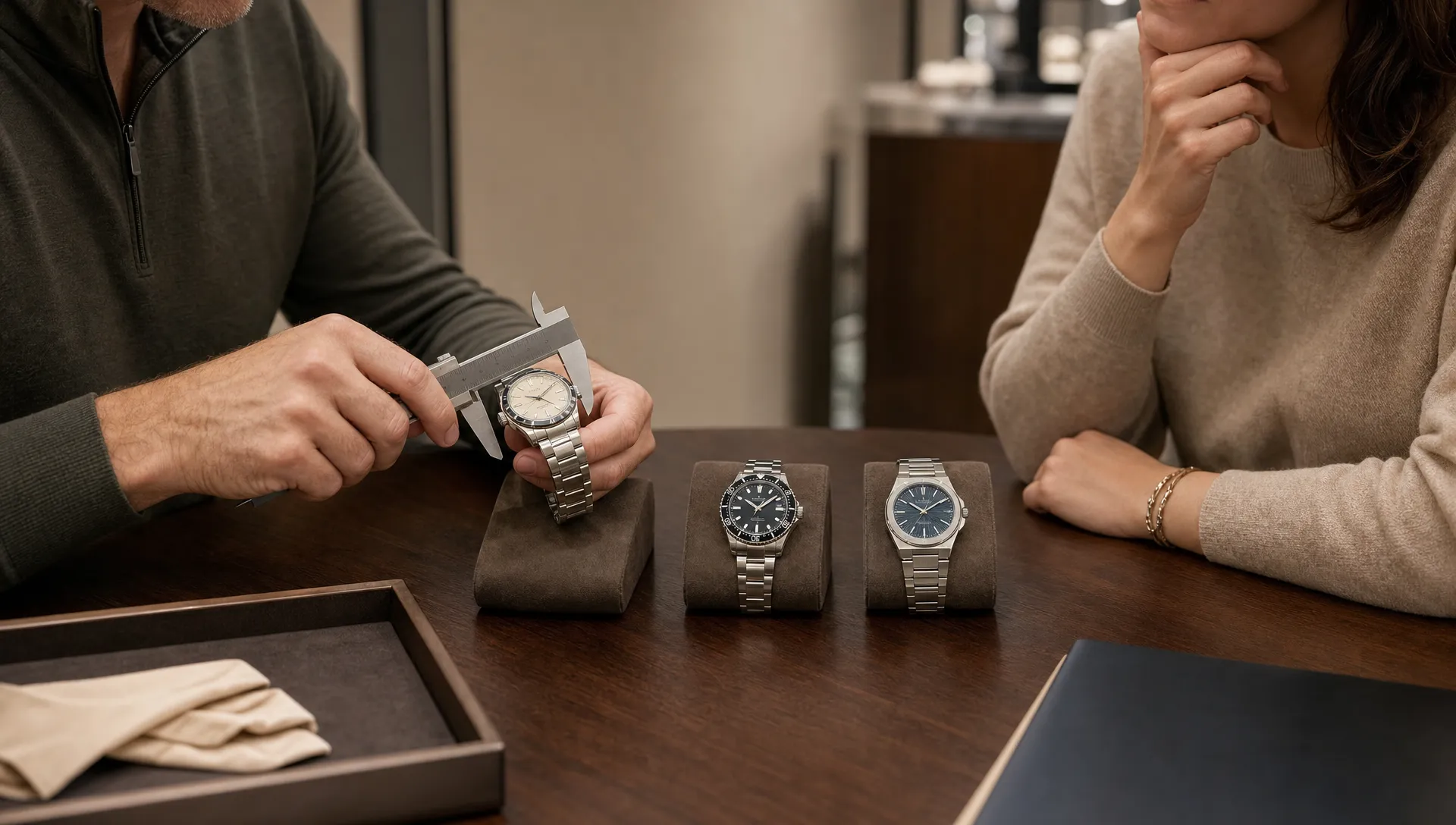 Two adults compare Christopher Ward watches on a consultation table while checking wrist fit.