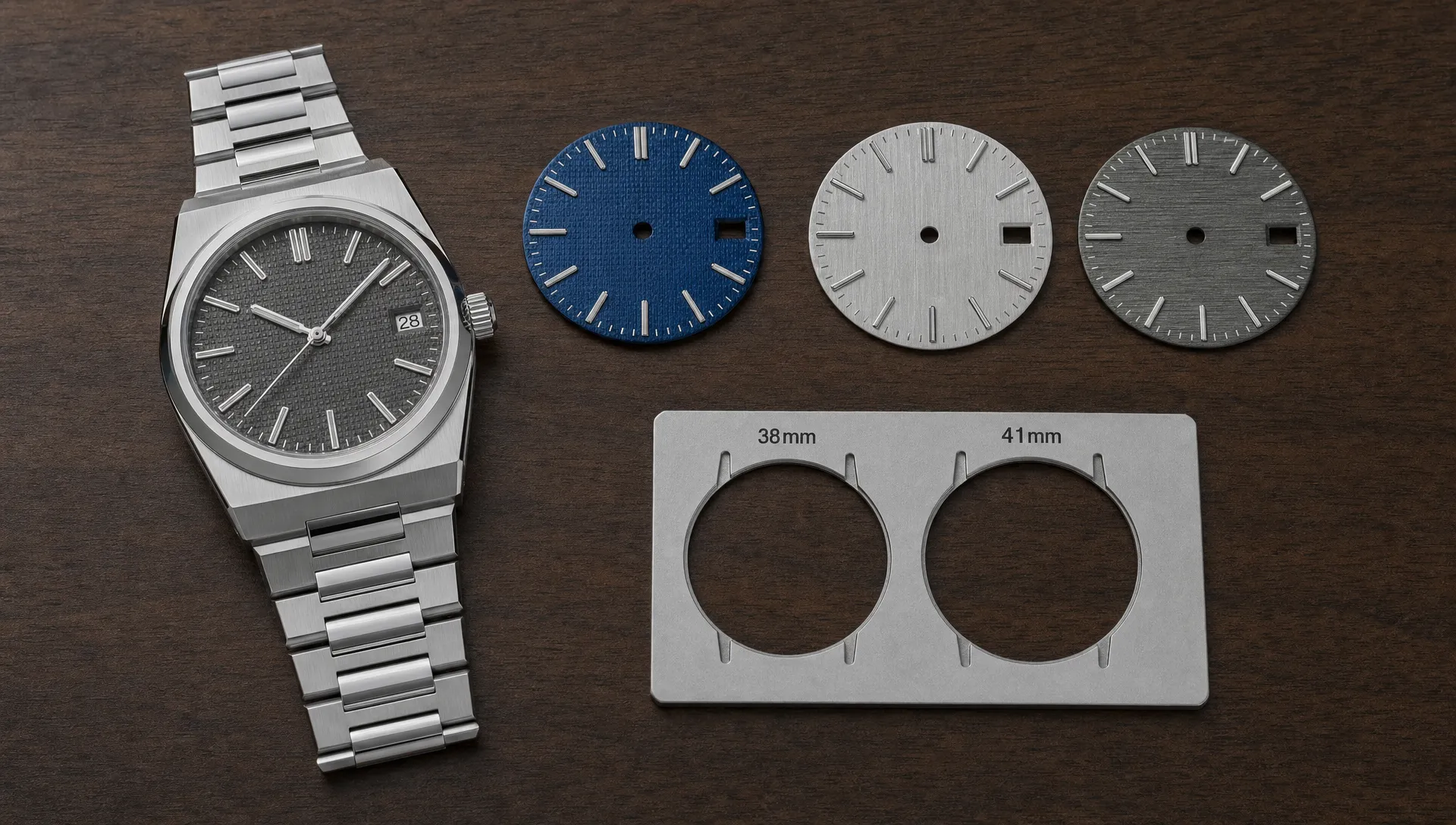 A stainless steel dress-sport watch on a dark walnut surface with three dial sample discs beside it in blue, silver, and gray textures, plus a small measuring tool showing the difference between 38mm and 41mm case sizes.