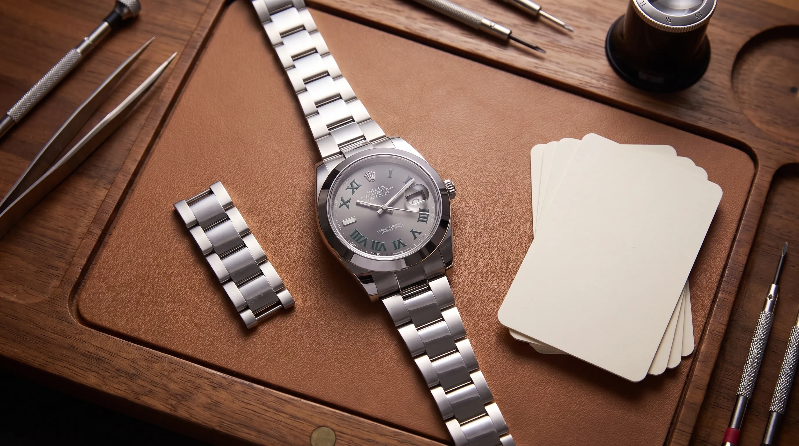 A collector-style arrangement on a watchmaker’s bench showing an Aqua Terra with its bracelet extended, a separate bracelet segment, and a small set of unlabeled reference cards turned face down so no writing shows. The composition is medium-wide and slightly overhead, with the watch centered and the tools pushed to the edges.