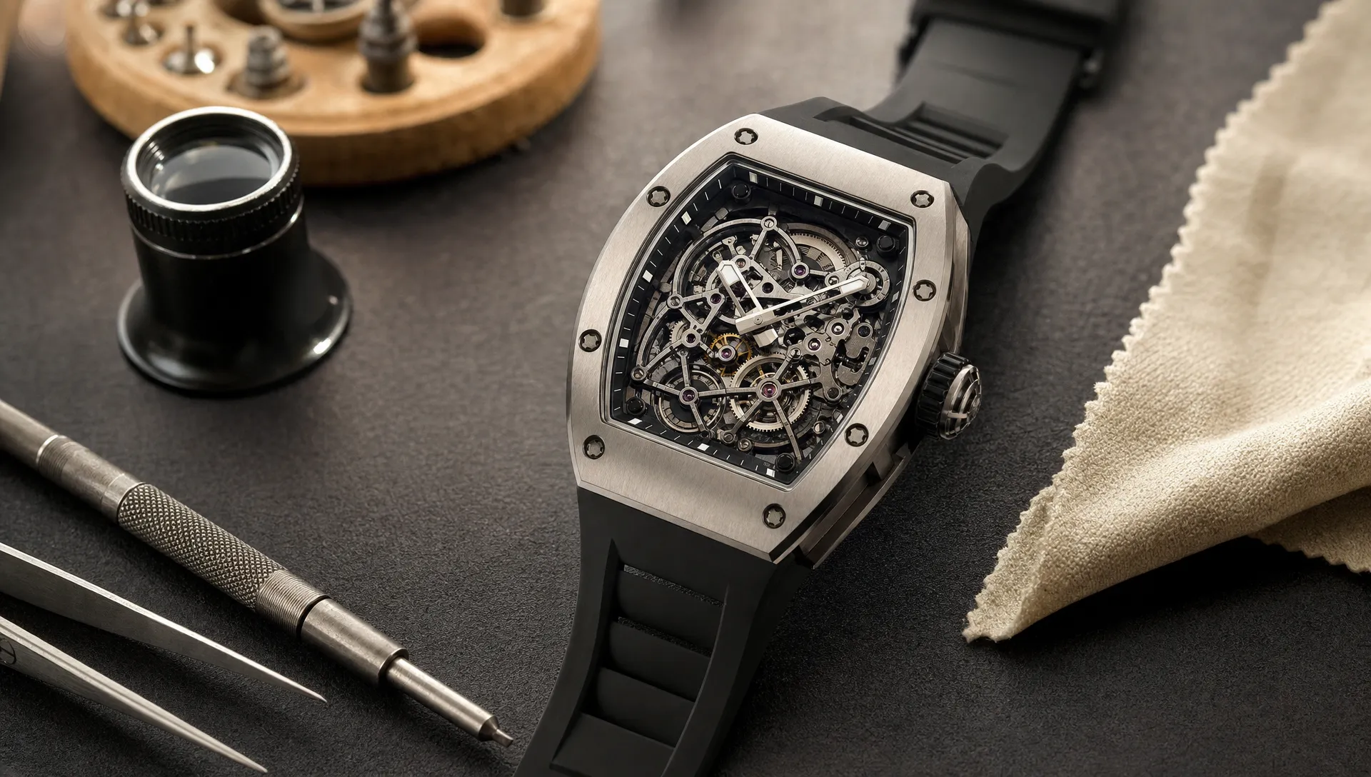 A luxury tonneau-shaped skeleton watch is inspected on a watchmaker’s bench beside small tools, a loupe, and a soft cloth.