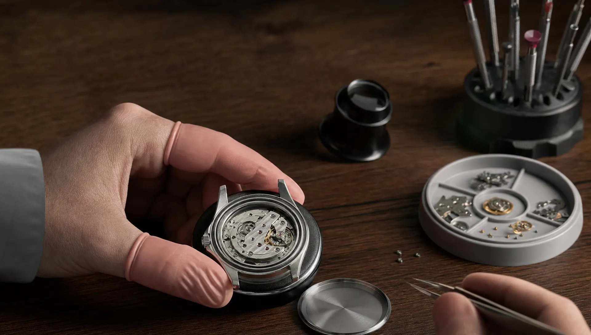 An opened luxury watch and watchmaker’s tools are arranged for inspection on a bench.