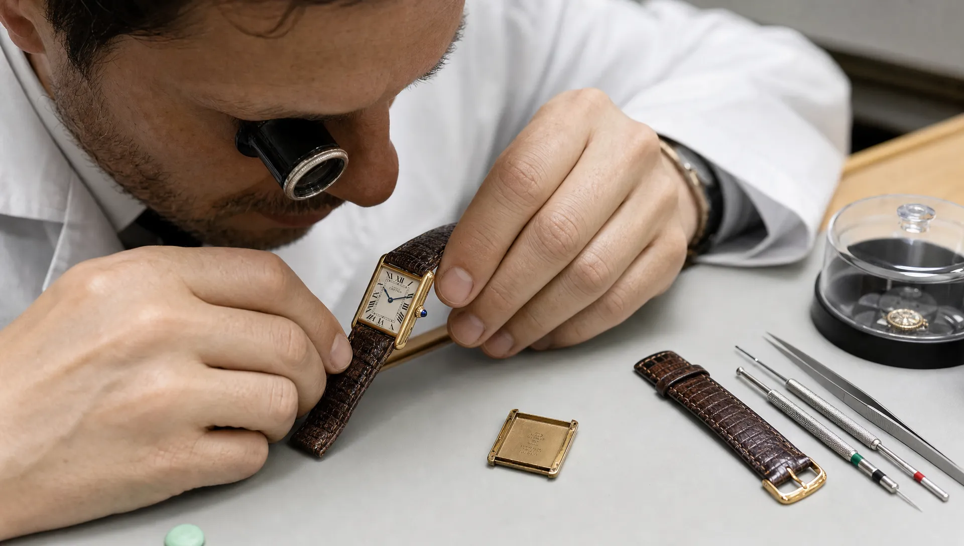 A watch specialist examines a vintage Cartier Tank-style watch with a loupe on a clean workbench, with the caseback, leather strap and small watchmaking tools visible beside it.
