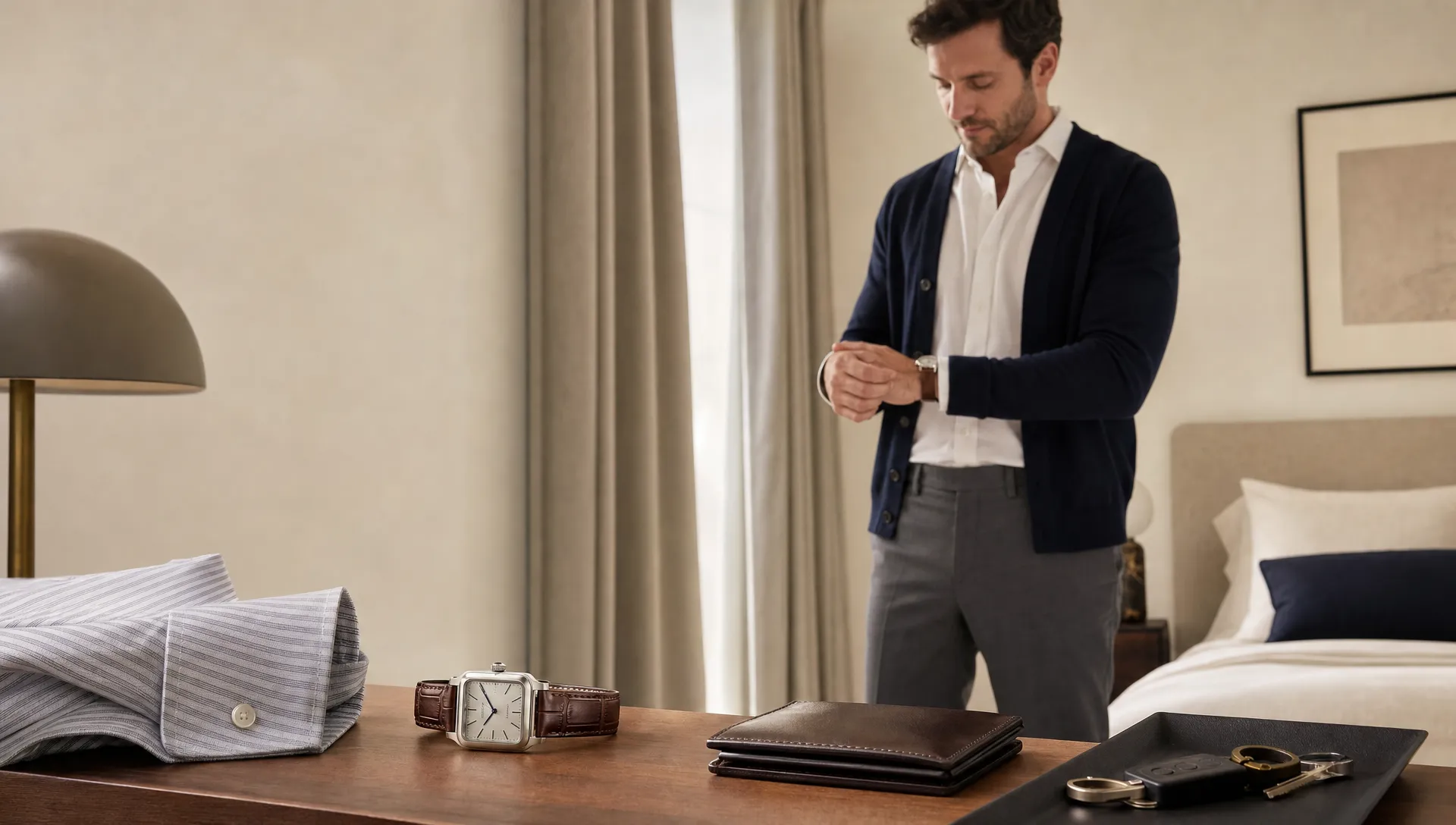 A Santos-Dumont lies beside a shirt cuff and wallet on a dresser as someone gets ready.