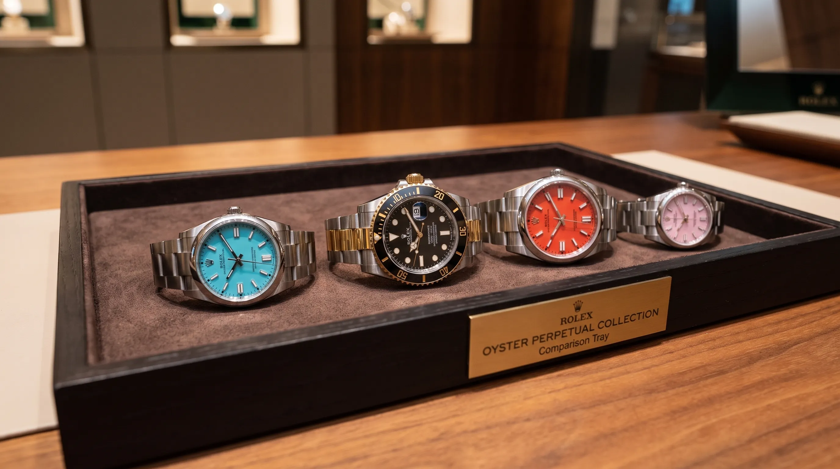 A display tray with Rolex Oyster Perpetual watches in several case sizes and dial colors, arranged side by side for comparison.