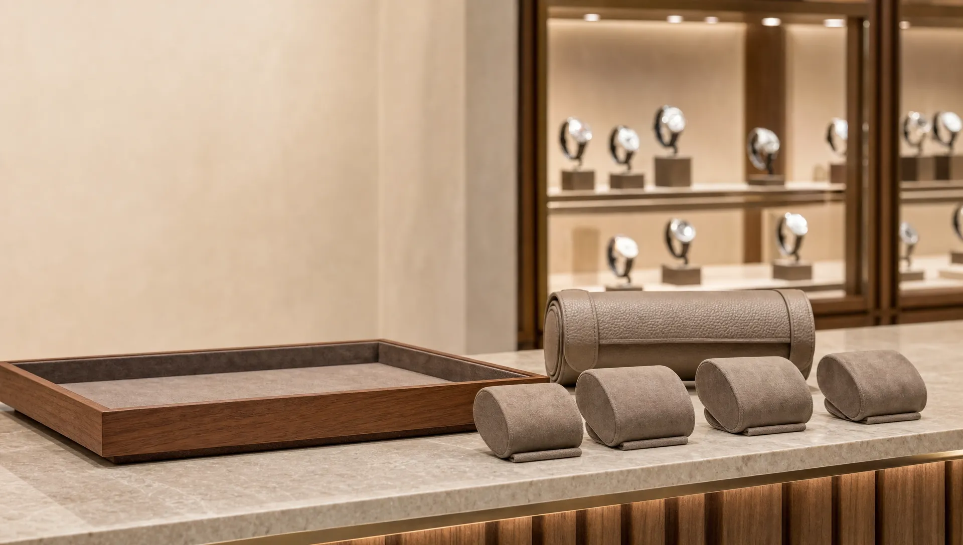 A luxury watch counter with cushions and a travel roll set out for choosing an Oyster Perpetual by size.
