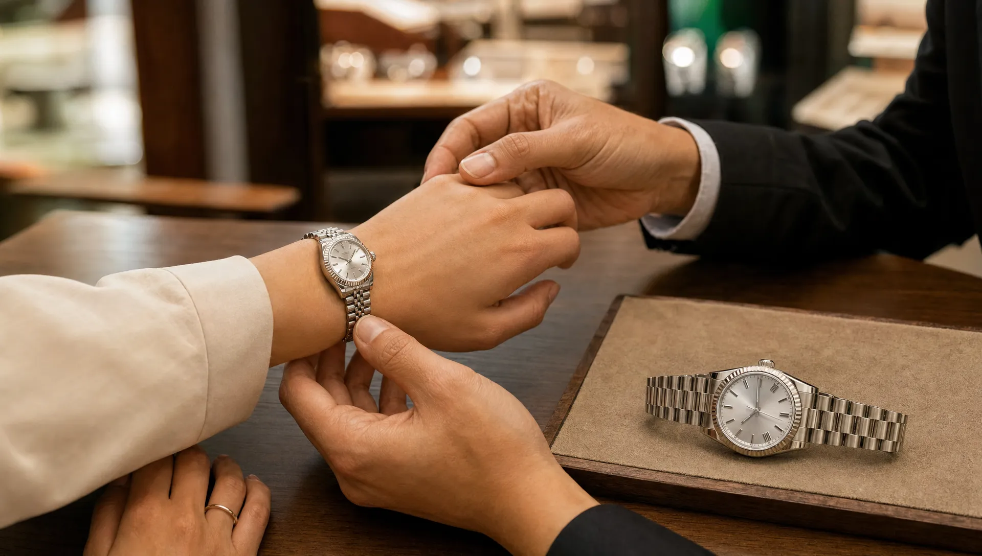 Two hands compare a 26mm Rolex against a 31mm Datejust to judge fit and proportion.