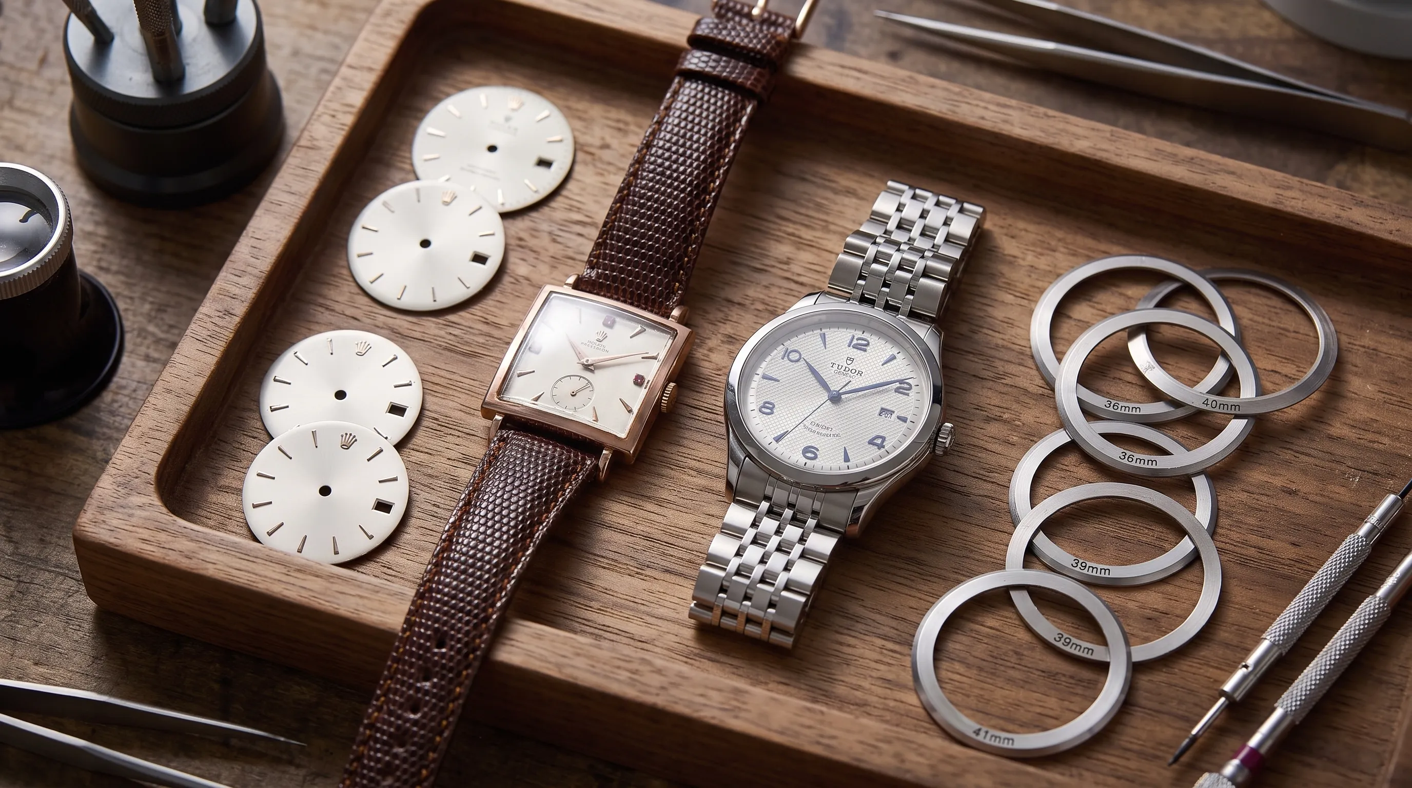 A Tudor 1926-style watch shown beside blank dial samples and case-size markers on a watchmaker’s tray.