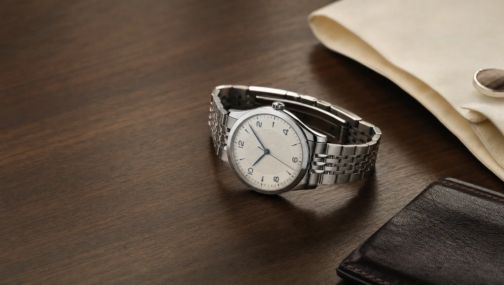 A Tudor 1926-style steel watch rests beside a cuff and leather case on a walnut desk.