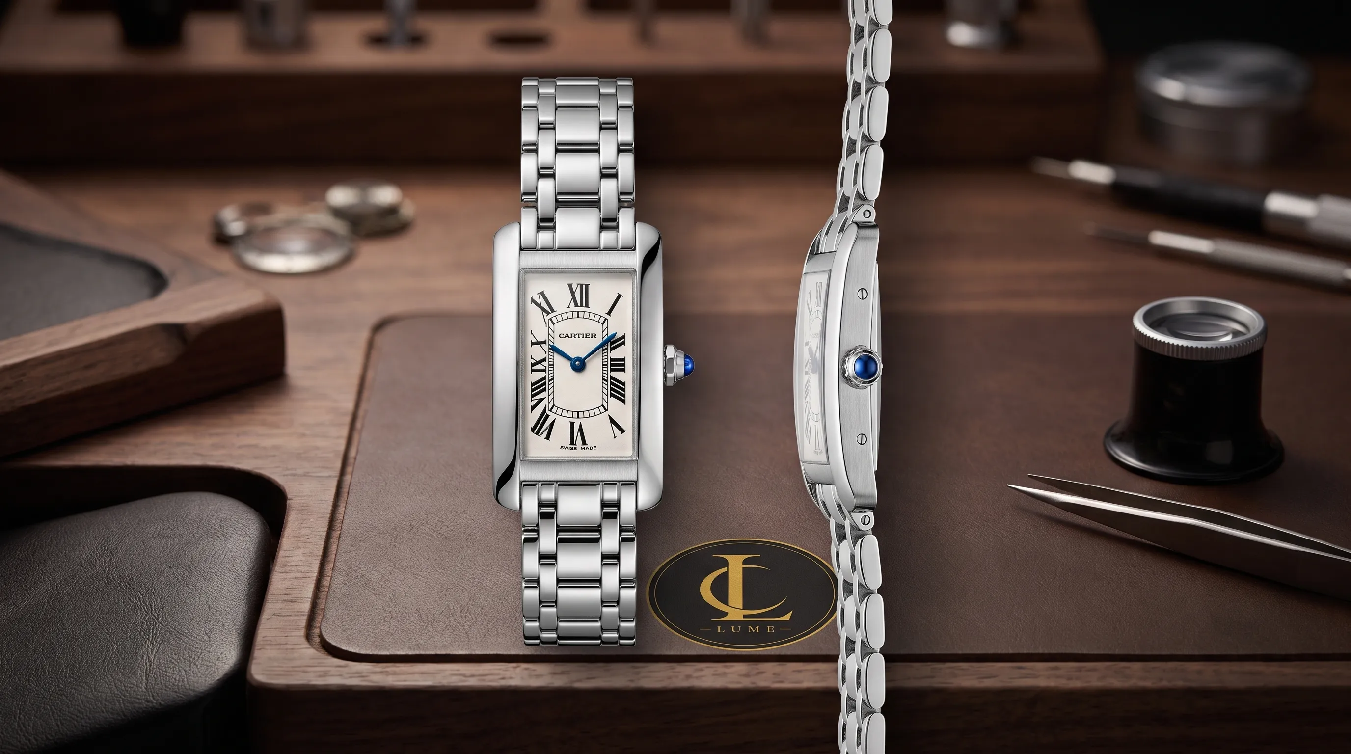 A Cartier Tank watch shown from above and in side profile, highlighting its rectangular case proportions and strap angle at the lugs.