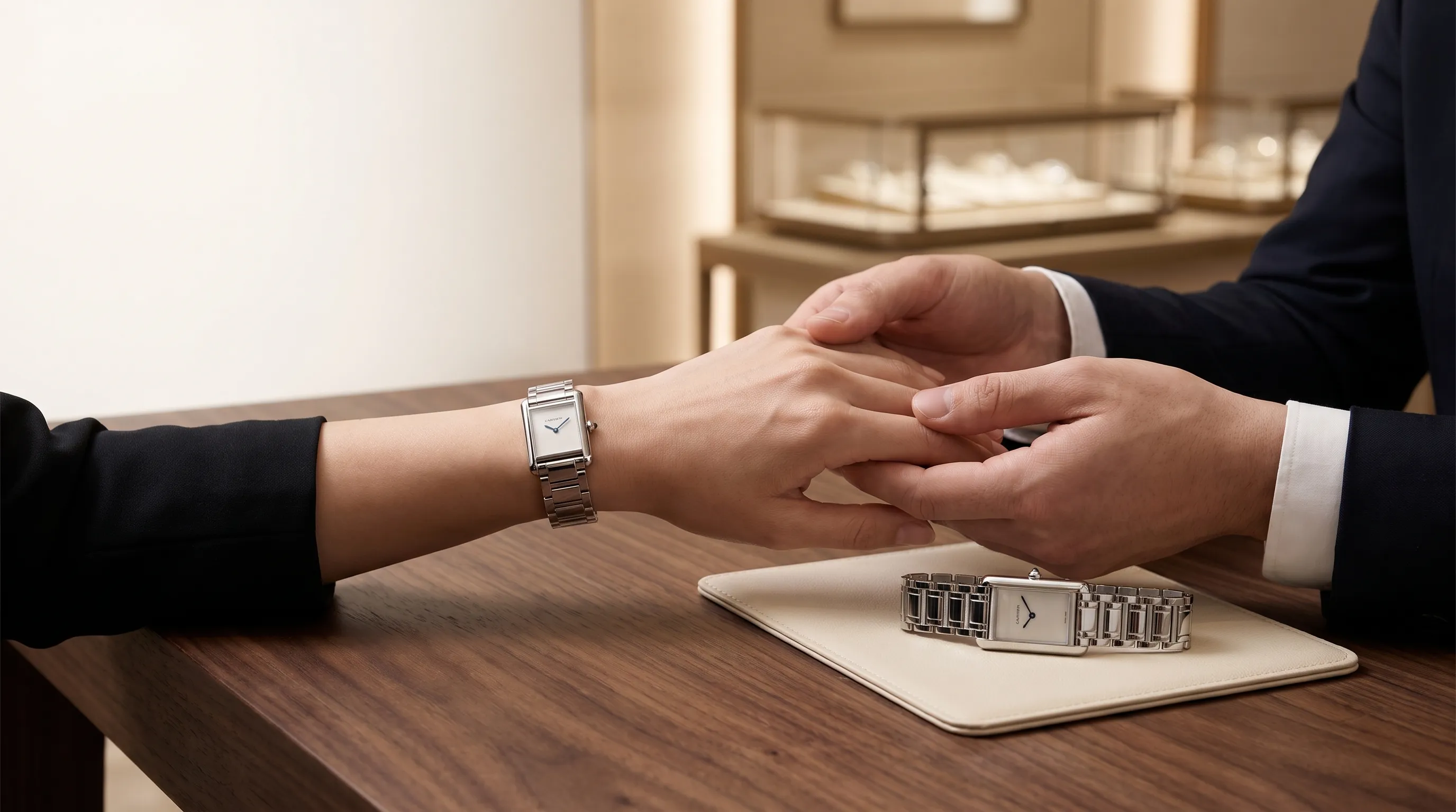 Two adults compare a Cartier Tank watch at a consultation table while checking how it fits on the wrist.