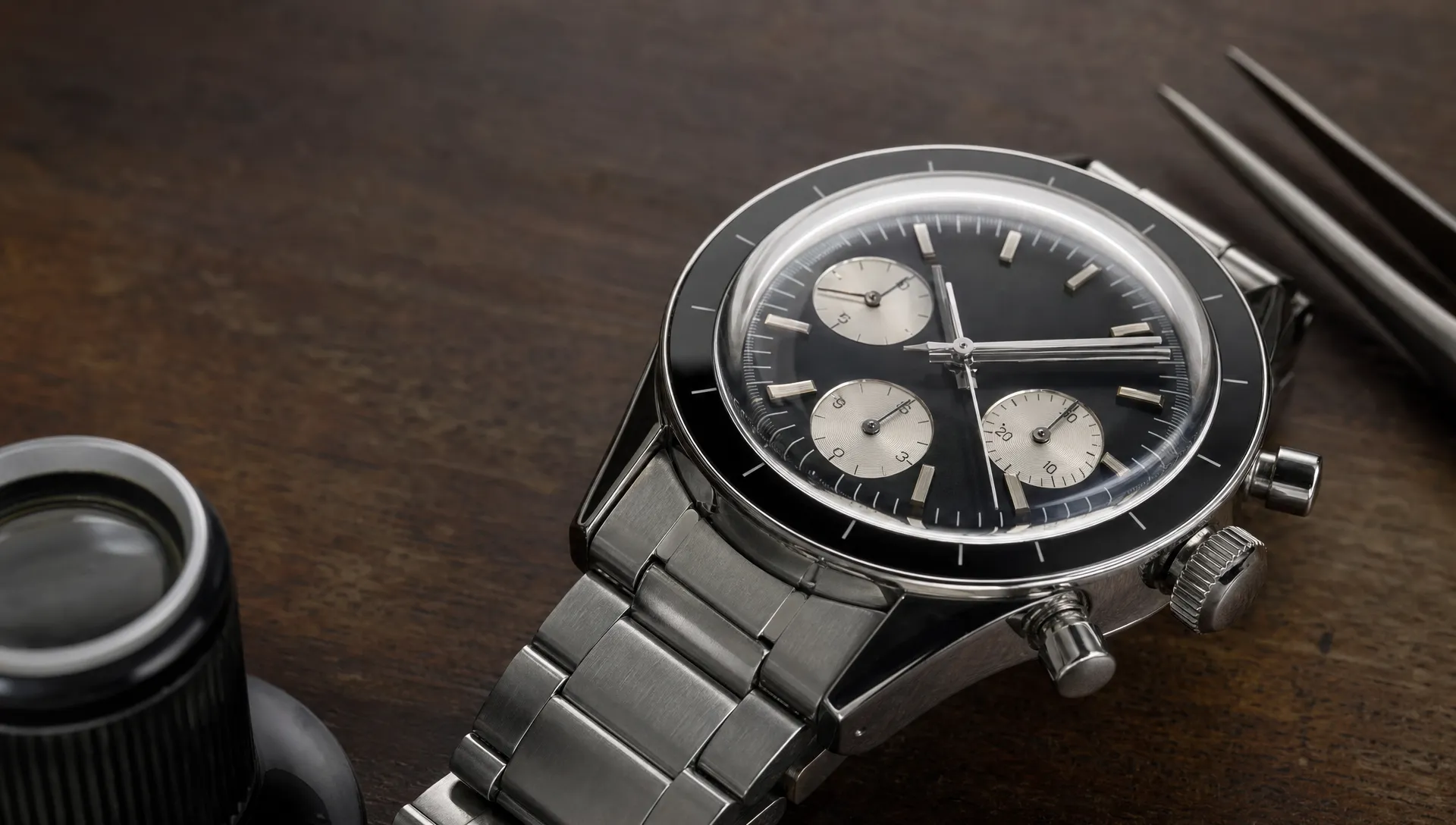 Close-up of a pre-owned chronograph on a watchmaker’s bench with a loupe and tools nearby.