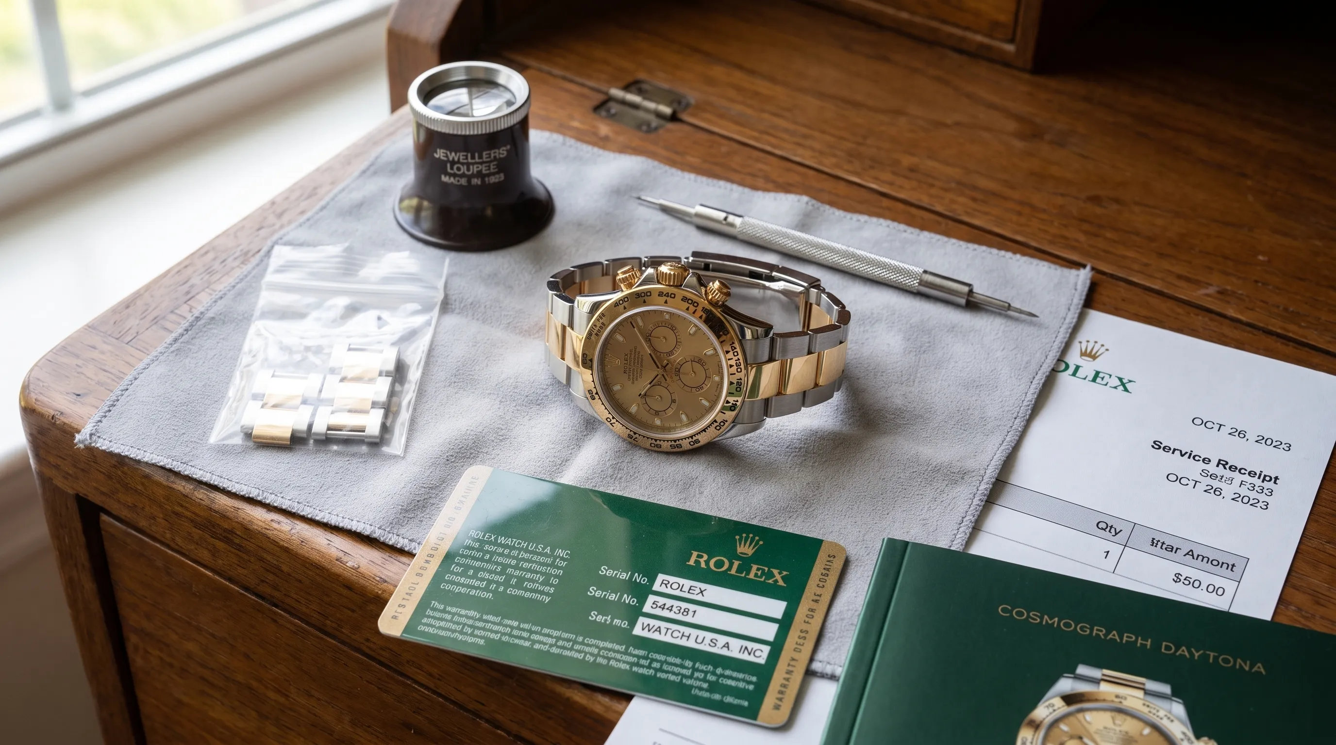 A collector’s desk with a stainless steel chronograph, loupe, warranty card, service receipt, extra bracelet links, and a soft cloth arranged for inspection before purchase.