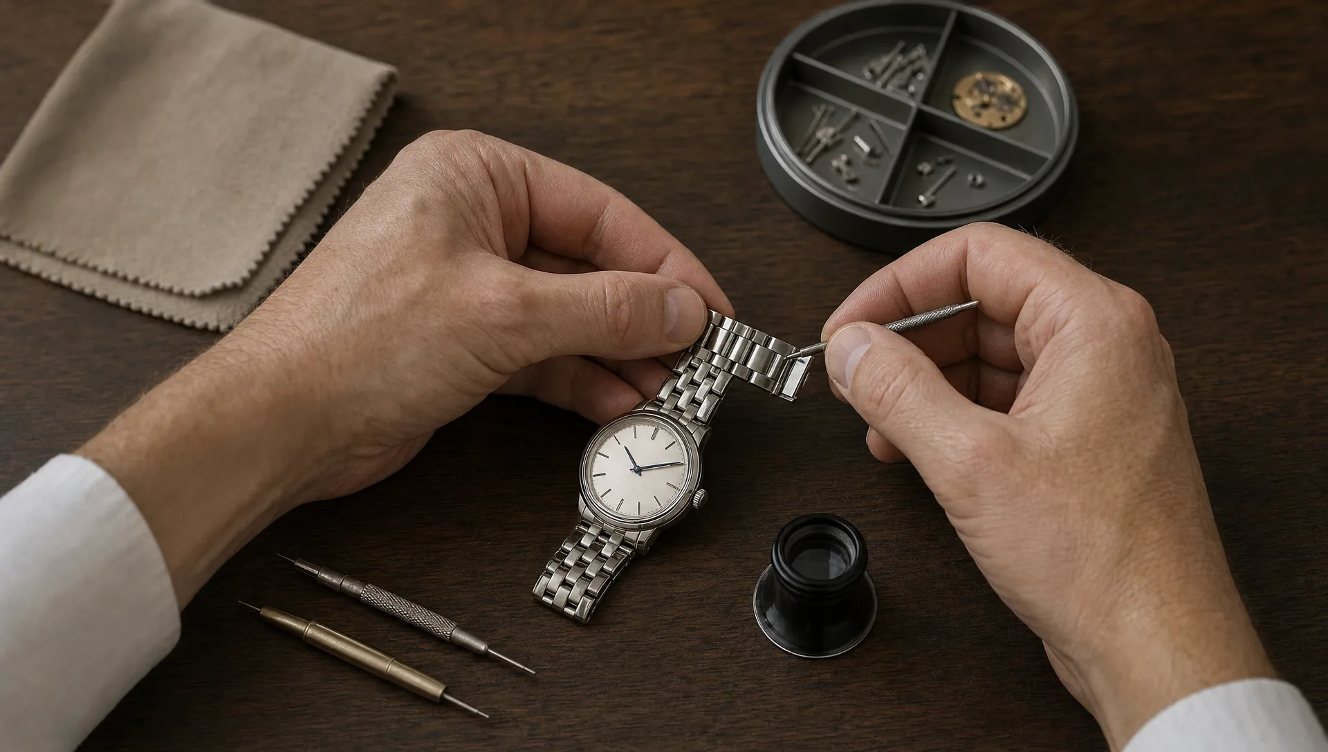 A watchmaker adjusts an Omega De Ville bracelet on a bench beside tools and a loupe.