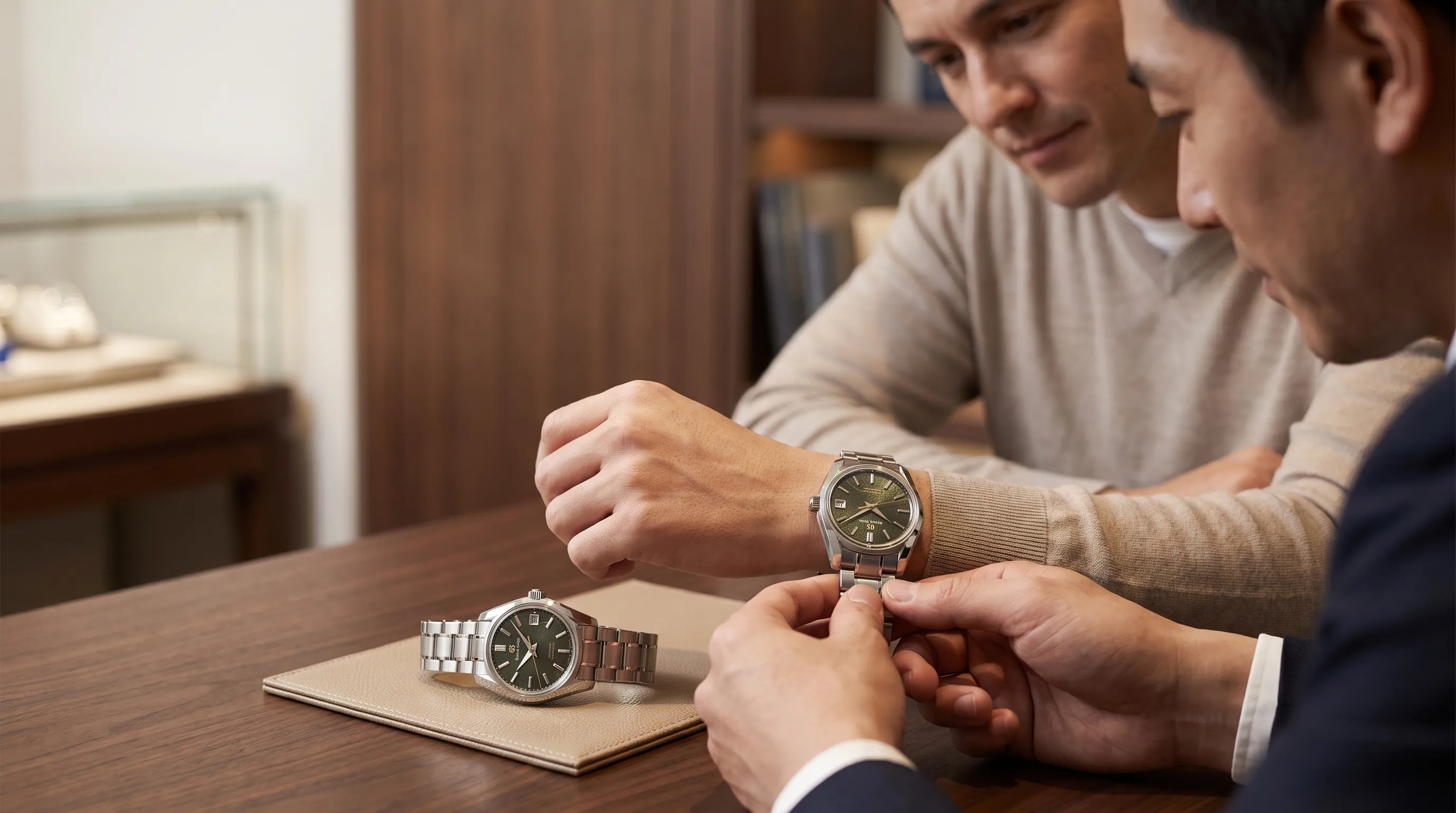 Two adults compare a Grand Seiko SBGJ259 on the wrist and on a pad at a consultation table.