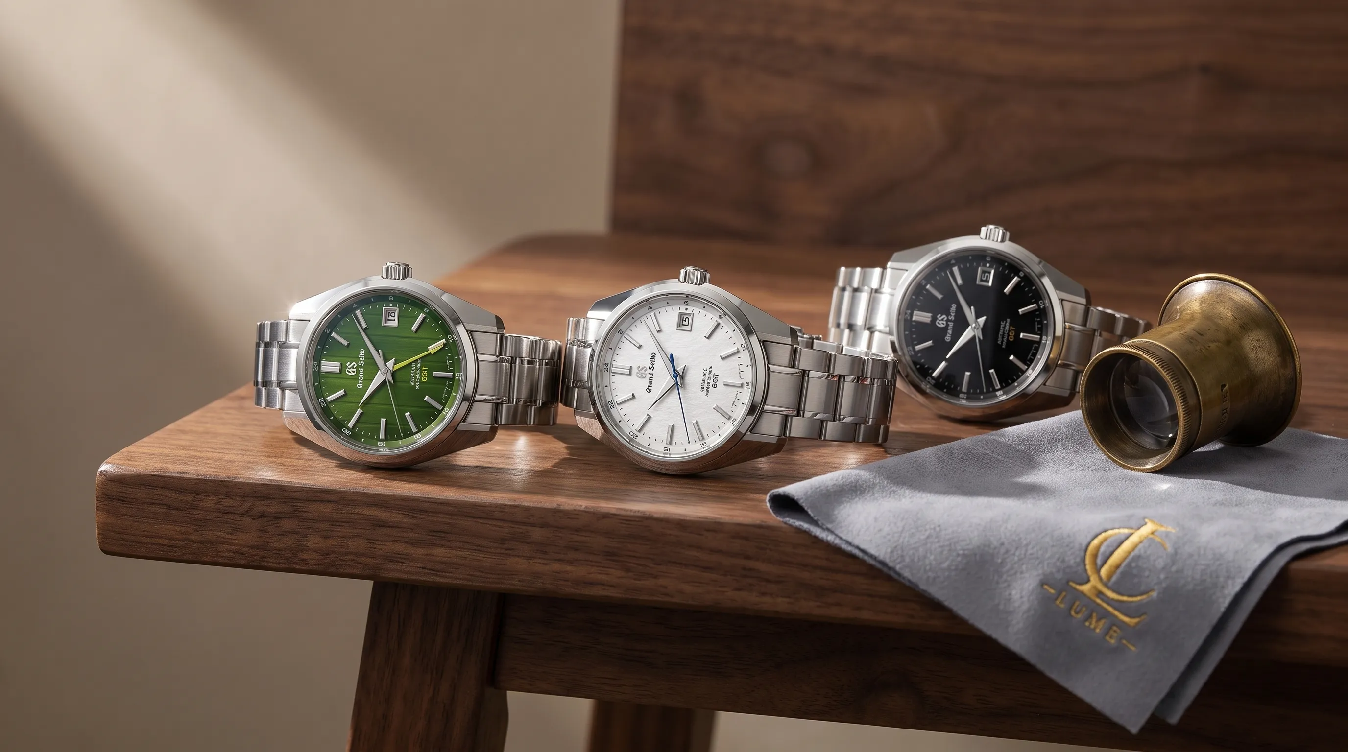 Three Grand Seiko watches show green, white and black dial textures on a bench for comparison.