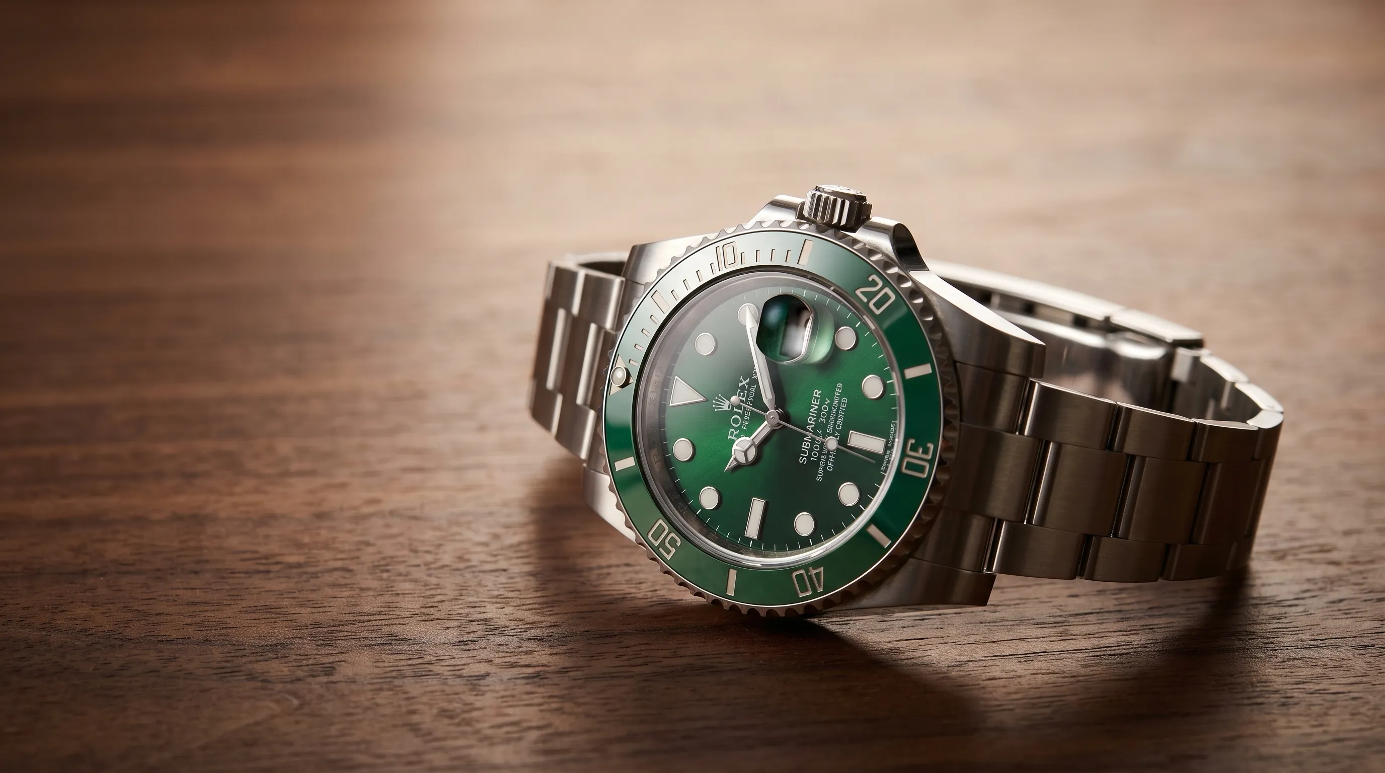 Rolex Submariner Hulk reference 116610LV at an angle, showing the green ceramic bezel and green sunburst dial.