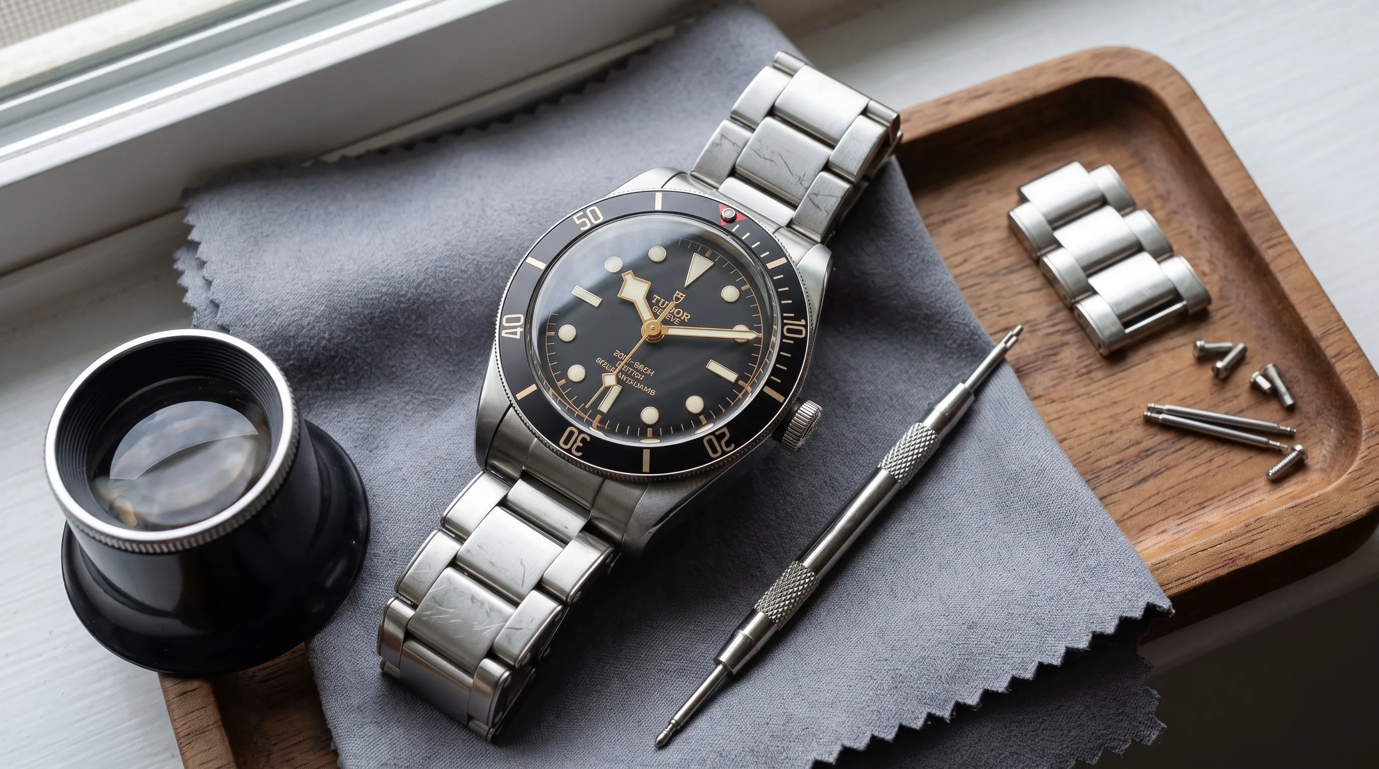 A pre-owned luxury dive watch rests on a soft cloth beside a loupe, spring bar tool and a small tray of bracelet links.