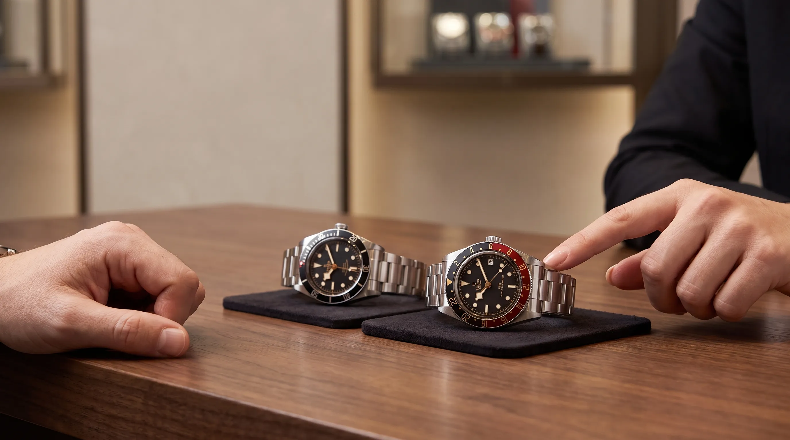 A watch specialist and client compare two watches on a consultation table before purchase.