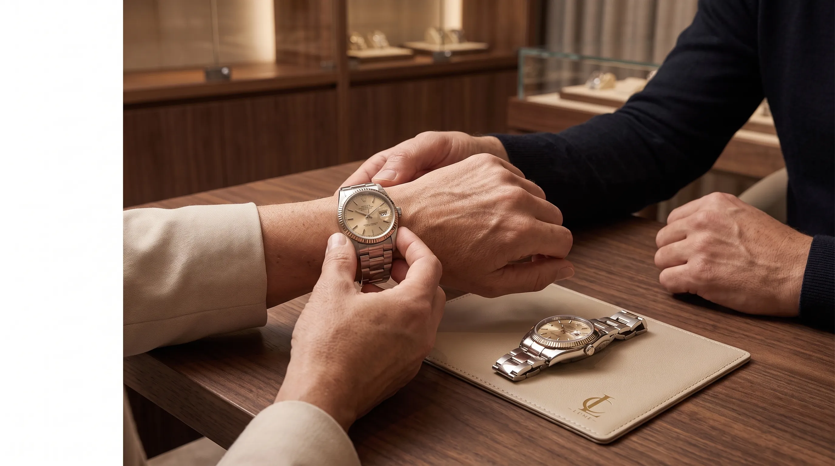 Two adults compare a Rolex Datejust on wrist and on the table during a watch consultation.