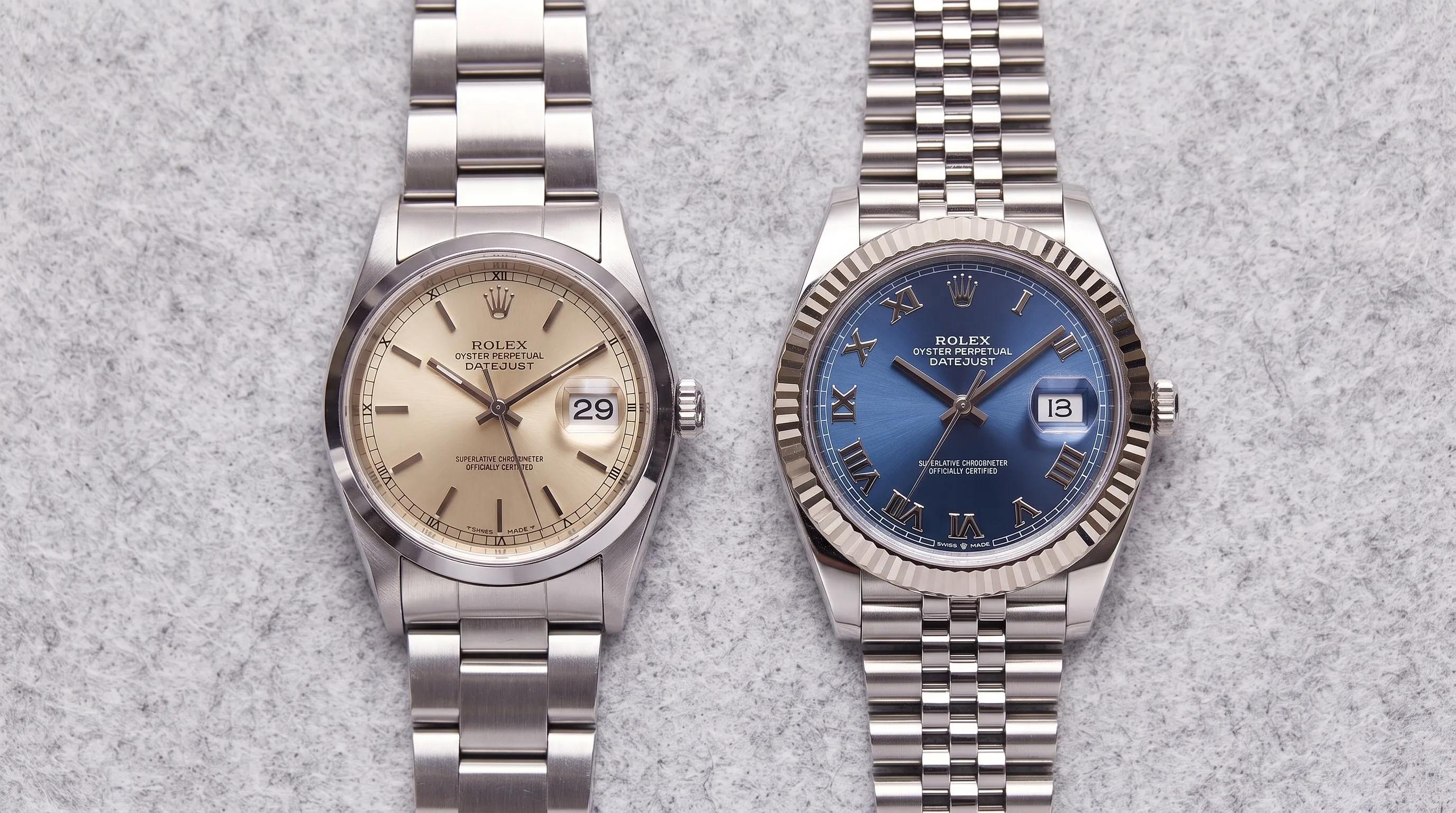 Two Rolex Datejust watches are shown side by side from above, comparing 36mm and 41mm proportions with different bezels and dials.