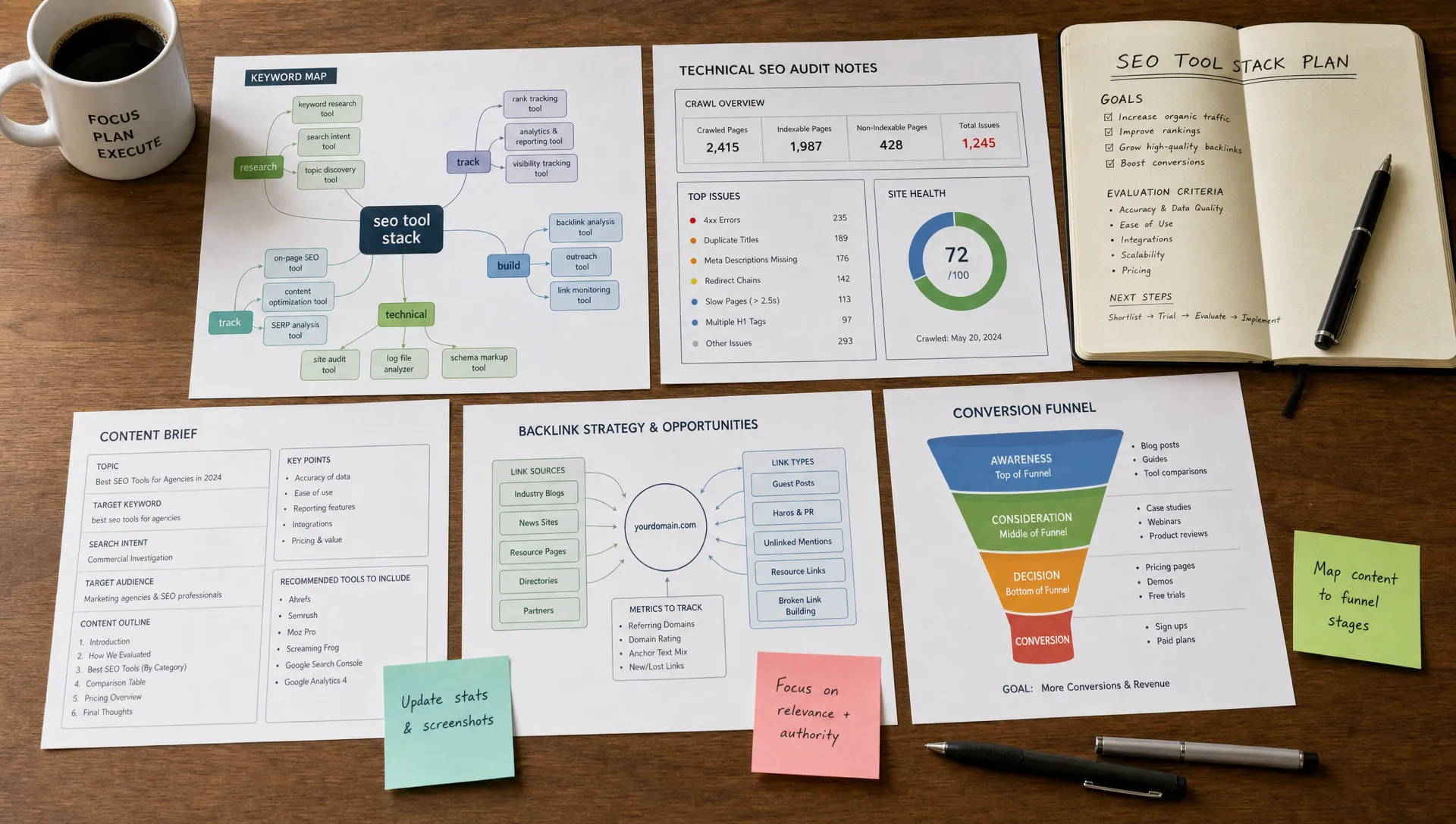 A tabletop layout with printed keyword maps, technical SEO audit notes, content brief cards, backlink diagrams, and conversion funnel sketches arranged for planning an SEO tool stack.