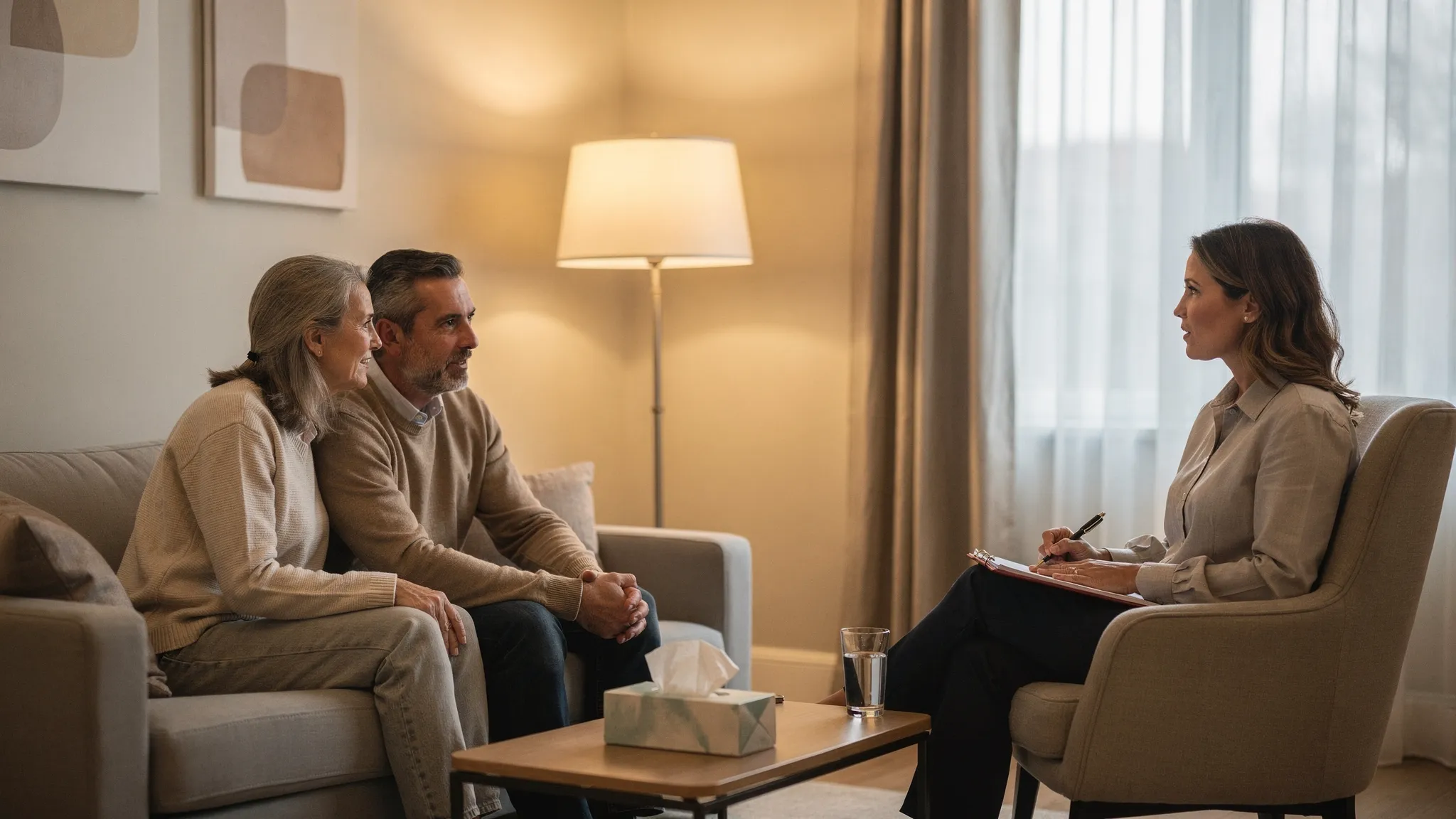 A calm therapy office scene with a couple seated on a sofa facing a counselor in a chair, a notepad on the counselor’s lap, soft lighting, and neutral decor that conveys privacy and safety.