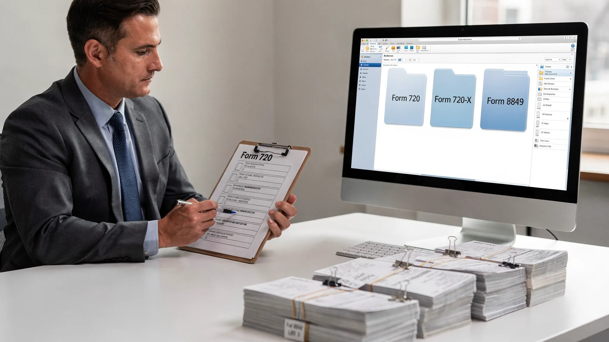 A finance manager reviewing a checklist beside organized digital folders labeled Form 720, Form 720-X, and Form 8849