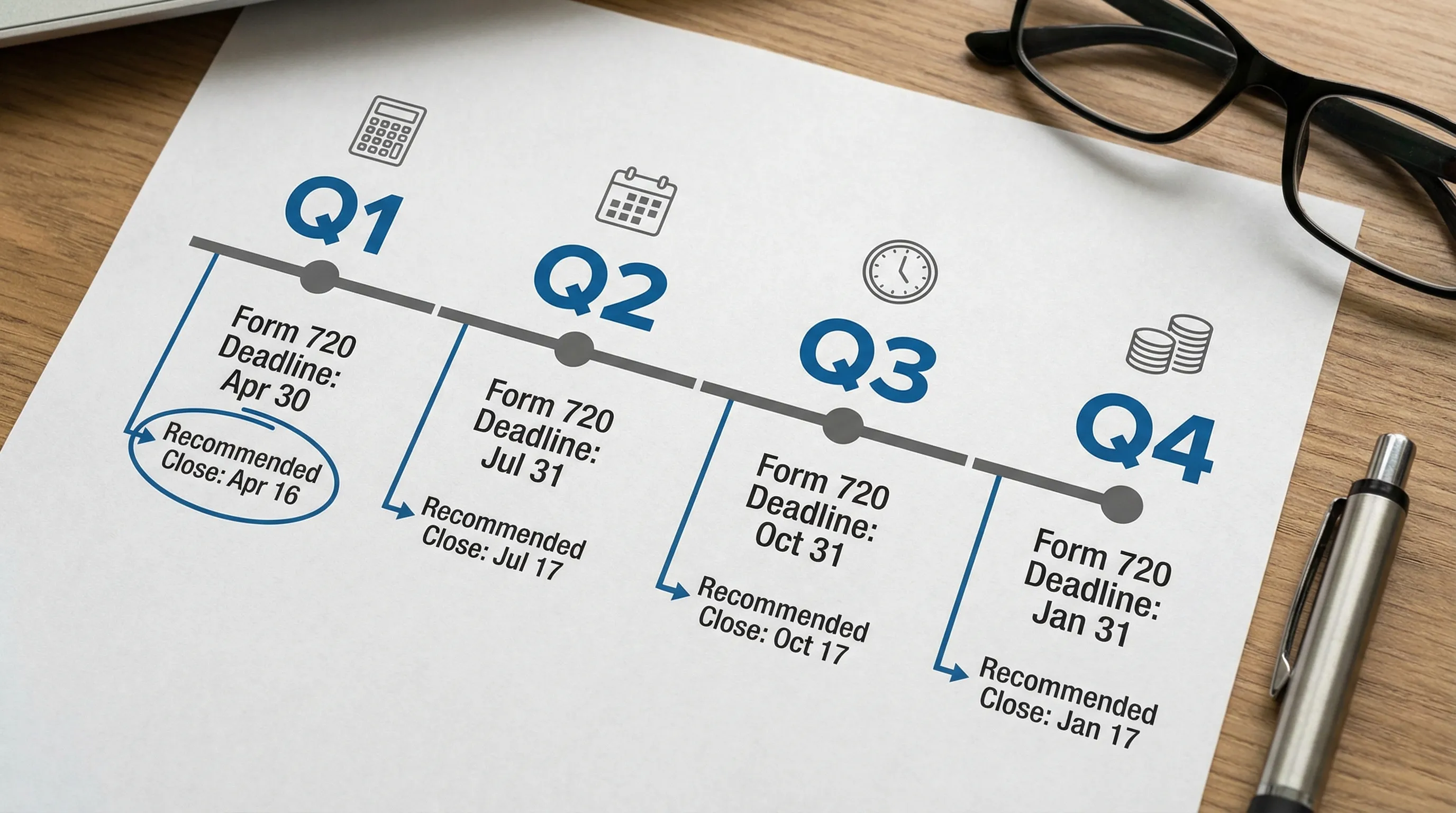 A simple timeline graphic showing Q1, Q2, Q3, Q4 Form 720 deadlines (Apr 30, Jul 31, Oct 31, Jan 31) with a recommended “close by” date about two weeks earlier for each quarter.
