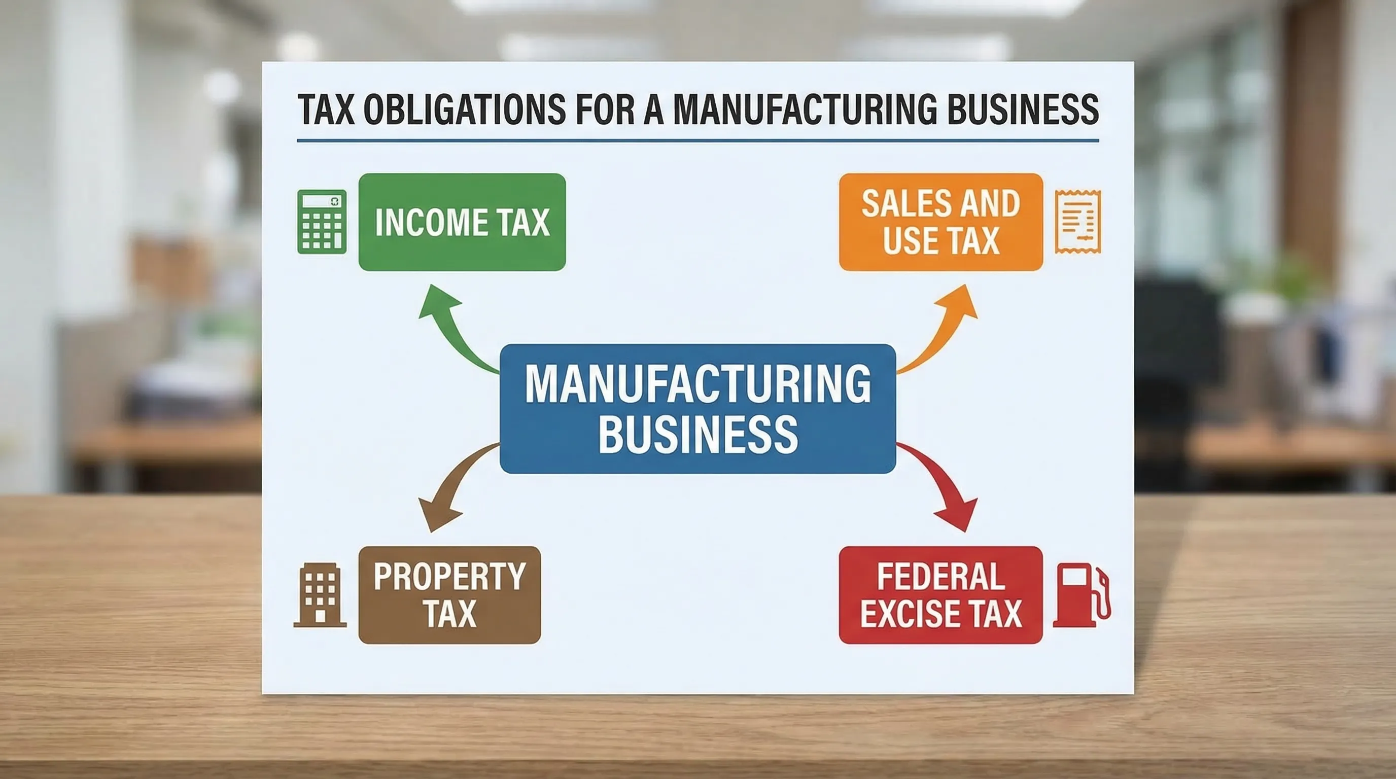 A clean infographic showing four boxes labeled Income Tax, Sales and Use Tax, Property Tax, and Federal Excise Tax, with arrows from “Manufacturing Business” to each box, plus small icons like a calculator, receipt, building, and fuel pump.