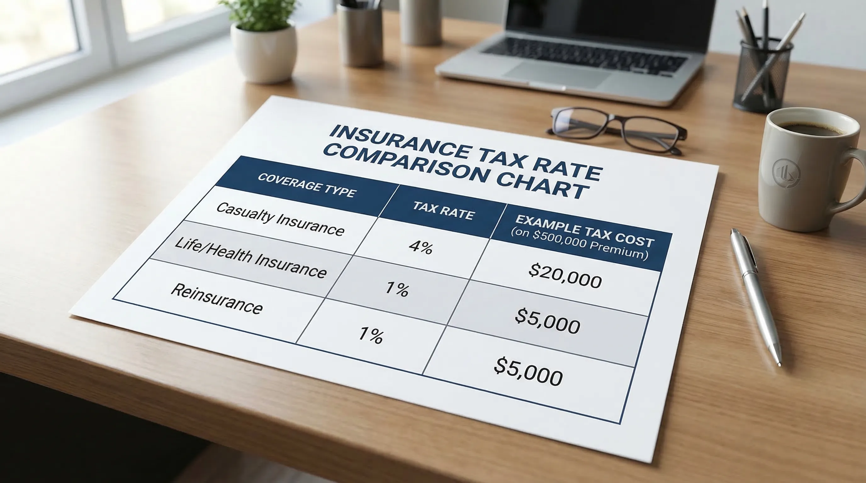 A clean comparison chart showing three columns: Coverage type (casualty, life/health, reinsurance), tax rate (4%, 1%, 1%), and example tax cost on a $500,000 premium.