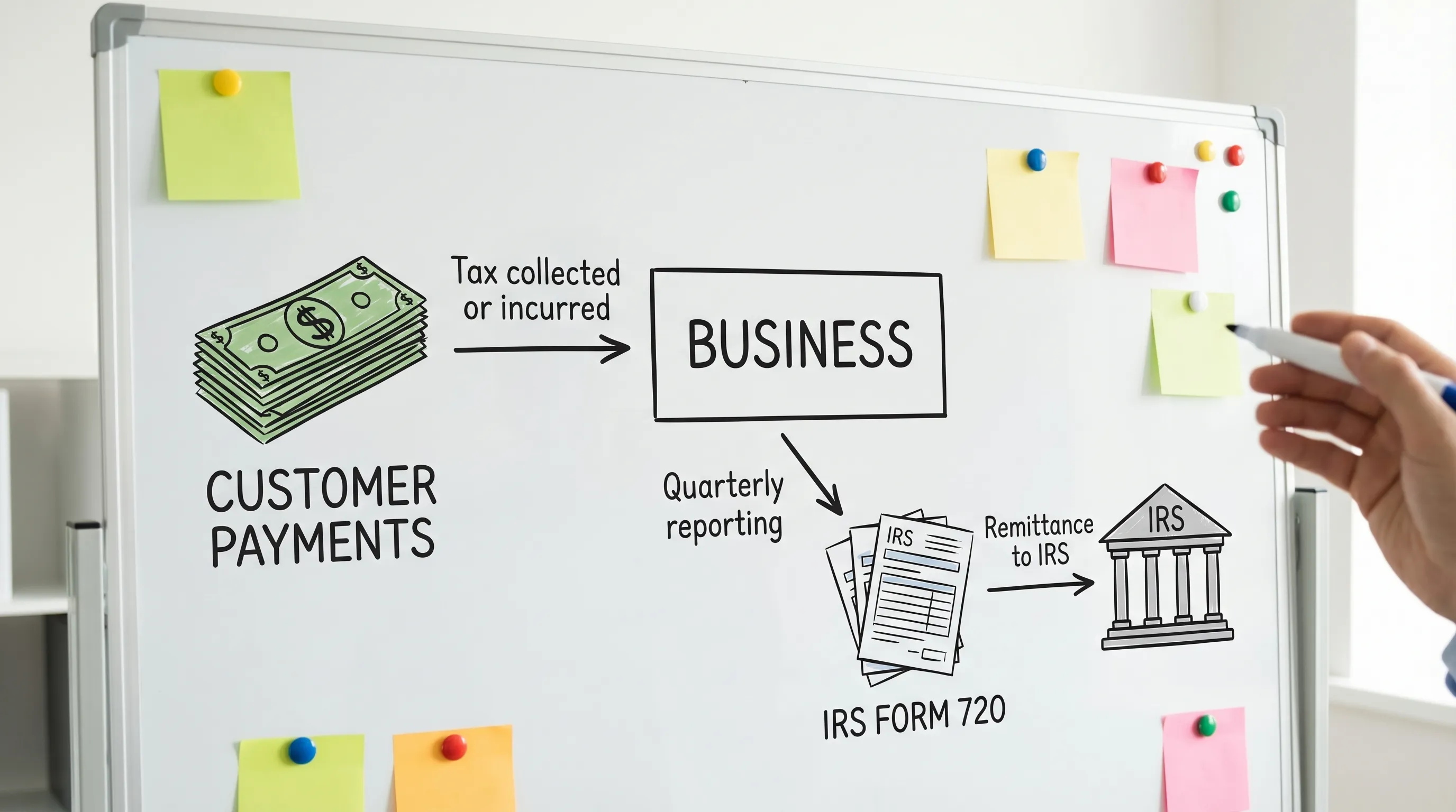 A simple flow diagram showing money moving from customer payments into a business, then the business remitting excise tax to the IRS; include labels “Tax collected or incurred,” “Quarterly reporting,” and “Remittance to IRS.”
