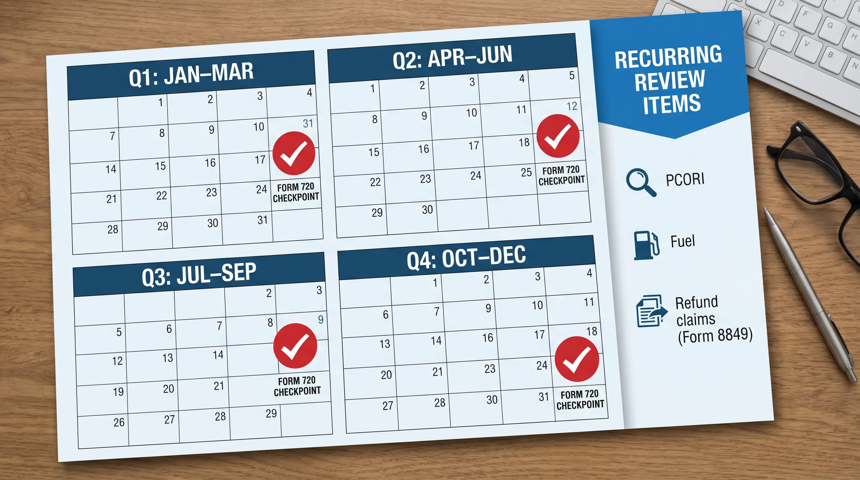 An infographic-style quarterly compliance calendar showing Q1–Q4 with Form 720 checkpoints, plus a side panel highlighting “PCORI,” “Fuel,” and “Refund claims (Form 8849)” as recurring review items.