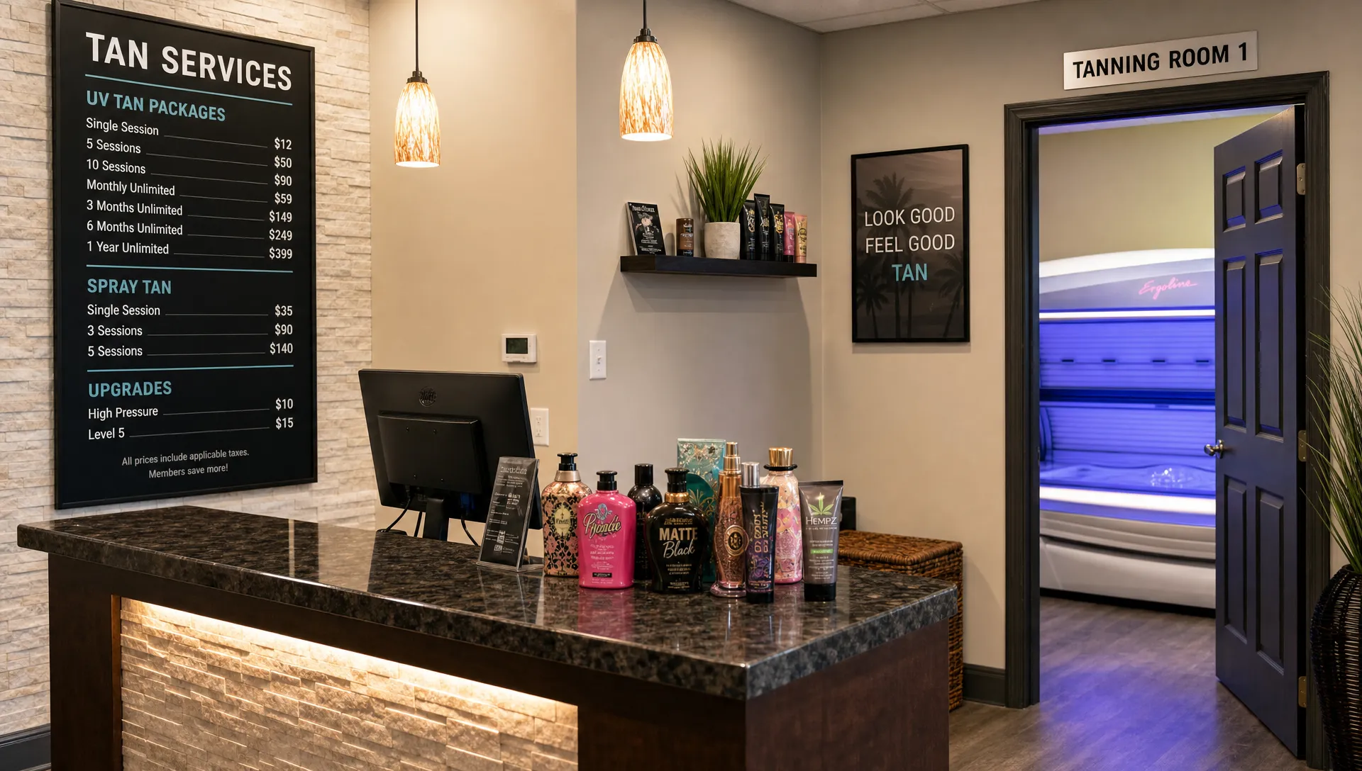 A tanning salon reception area with a posted service price menu, tanning lotions on the counter and a private tanning room behind it.