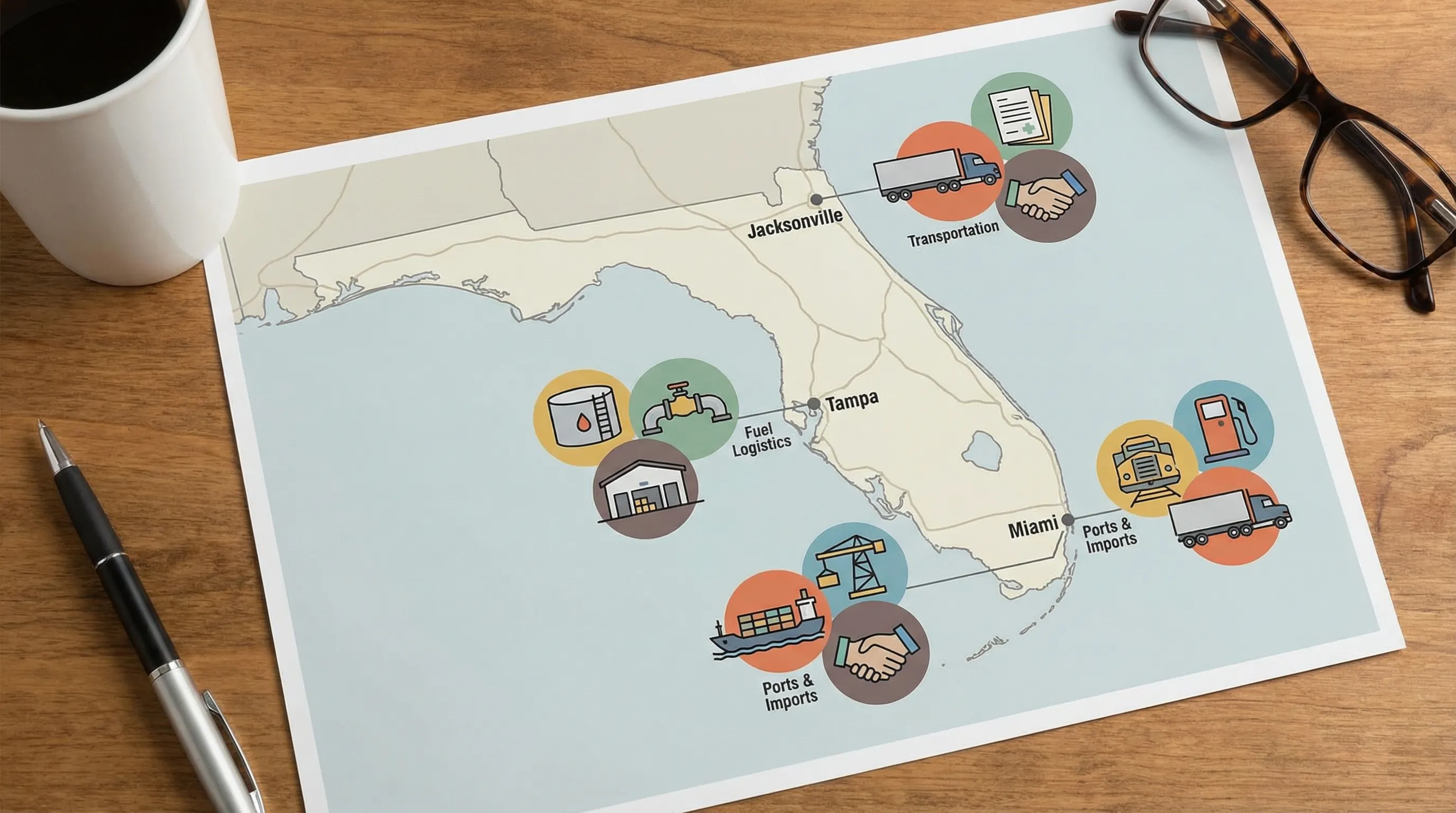 A simplified map of Florida with icons near Miami, Tampa, and Jacksonville representing common excise-touch industries: ports/imports, fuel logistics, transportation, and employers handling PCORI compliance.