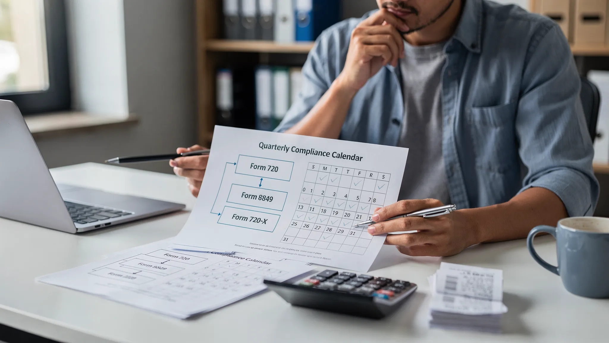 A small business owner reviewing a quarterly compliance calendar and a simplified excise tax workflow on paper, with labeled boxes for Form 720, Form 8849, and 720-X, alongside a calculator and receipts.
