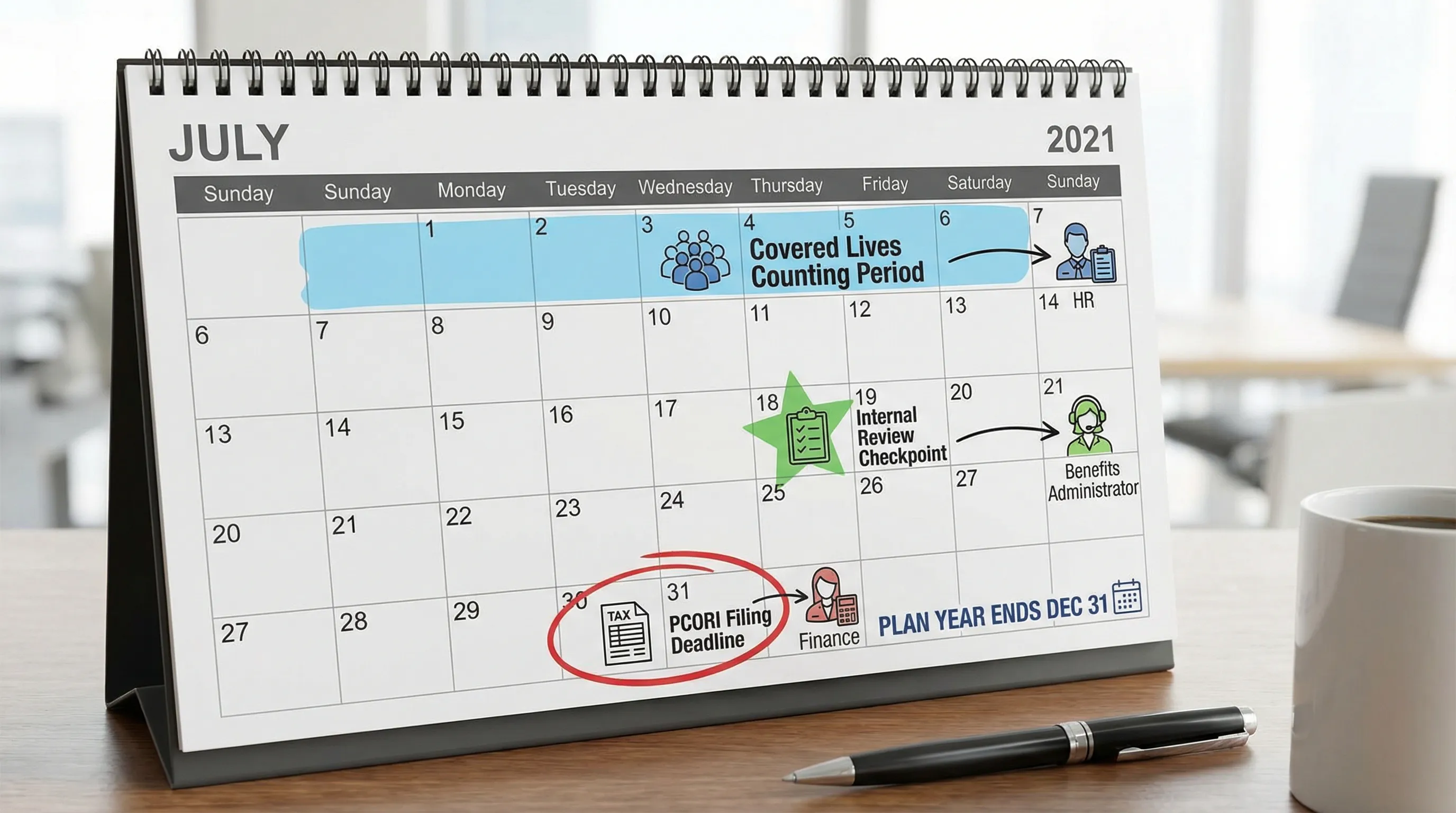 A simple compliance calendar showing a plan year ending, covered lives counting period, internal review checkpoint, and the July 31 PCORI filing deadline, with icons for HR, finance, and benefits administrator handoffs.