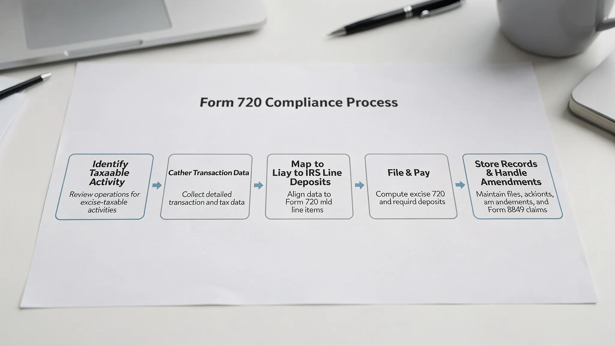 A simple step-by-step flow diagram showing Form 720 compliance: identify taxable activity, gather transaction data, map to IRS line references, calculate liability and deposits, file and pay, then store records and handle amendments or Form 8849 claims.